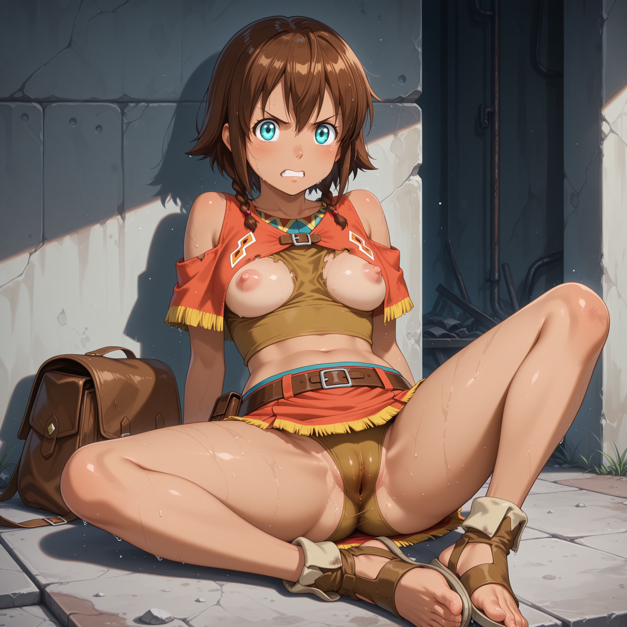 ai generated, amy (suisei no gargantia), angry, angry expression, angry face, aqua eyes, aroused, asnoble, bag, belt, breast out of clothes, breast out of top, breasts, breasts out, brown bag, brown belt, brown hair, brown panties, cameltoe, capelet, clenched teeth, crop top, defeated, erect nipples, feet, female, looking at viewer, midriff, miniskirt, nipples, orange capelet, orange miniskirt, orange skirt, orange topwear, pussy, pussy juice, pussy visible through panties, sandals, satchel, secretly loves it, short hair, shoulder cutout, suisei no gargantia, sweat, sweating, sweaty, sweaty body, toes, torn clothes, torn shirt, twin braids, wet panties