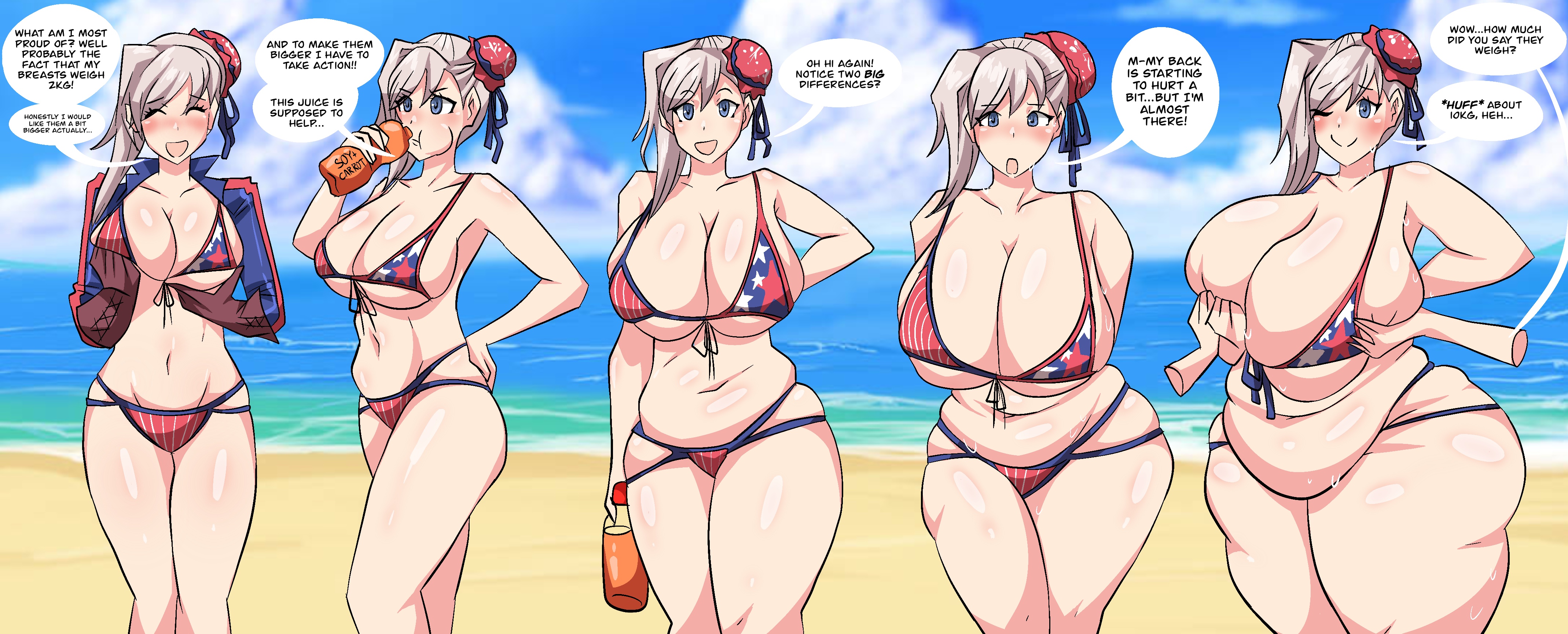 american flag bikini, american flag bikini bottom, american flag bikini top, ass, ass expansion, assthethick, azur lane, back pain, beach, beach background, belly, belly expansion, big ass, big belly, big breasts, bikini, bikini bottom, bikini top, bloated, bloated belly, bloated stomach, blue eyes, body growth (enlargement), breast expansion, breast growth (enlargement), breasts, breasts bigger than head, bubble ass, bubble butt, chubby, chubby female, cleavage, comic, dialogue, digital media (artwork), english text, fat, fat ass, fate (series), fate/grand order, female, female focus, gigantic breasts, groping, groping breast, groping breasts, holding breast, holding breasts, holding breasts up, huge ass, huge breasts, hyper breasts, inconvenient breasts, large ass, large breasts, miyamoto musashi (fate), miyamoto musashi (swimsuit berserker), muffin top, obese, obese female, offscreen character, overweight, overweight female, pale skin, pale-skinned female, showing off, showing off breasts, squeezing, squeezing breast, squeezing breasts, sweat, sweatdrop, sweating, thick thighs, transformation, venus body, weight gain, weight gain female, weight gain sequence, wide hips