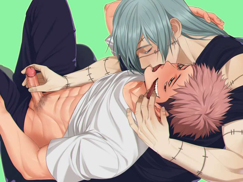 2boys, abs, clothed, gay, gay male, handjob, itadori yuuji, jujutsu kaisen, mahito (jujutsu kaisen), male, male only, male/male, partially clothed, penis, reaching back, riffraff, riffraffhellyea, stitches, stroking penis, tagme, tongue kiss, tongue play, yaoi
