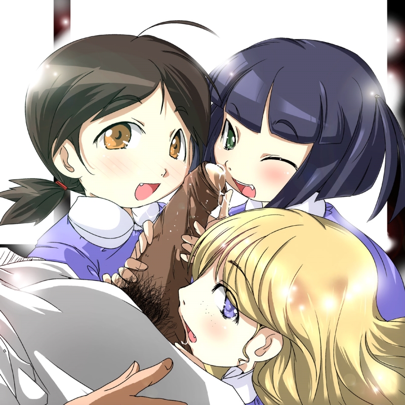 1boy 3girls blush foreskin foreskin_play handjob harem looking_at_viewer multiple_girls one_eye_closed open_mouth penis pubic_hair saliva shiny_hair teamwork uncensored yuumin