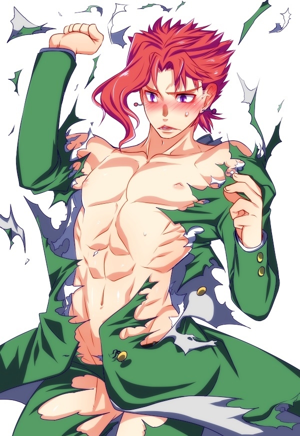 1boy abs blush chinjuu_hibakichi gakuran jojo's_bizarre_adventure male_only muscle noriaki_kakyoin pecs purple_eyes red_hair school_uniform solo stardust_crusaders torn_clothes undressing wince