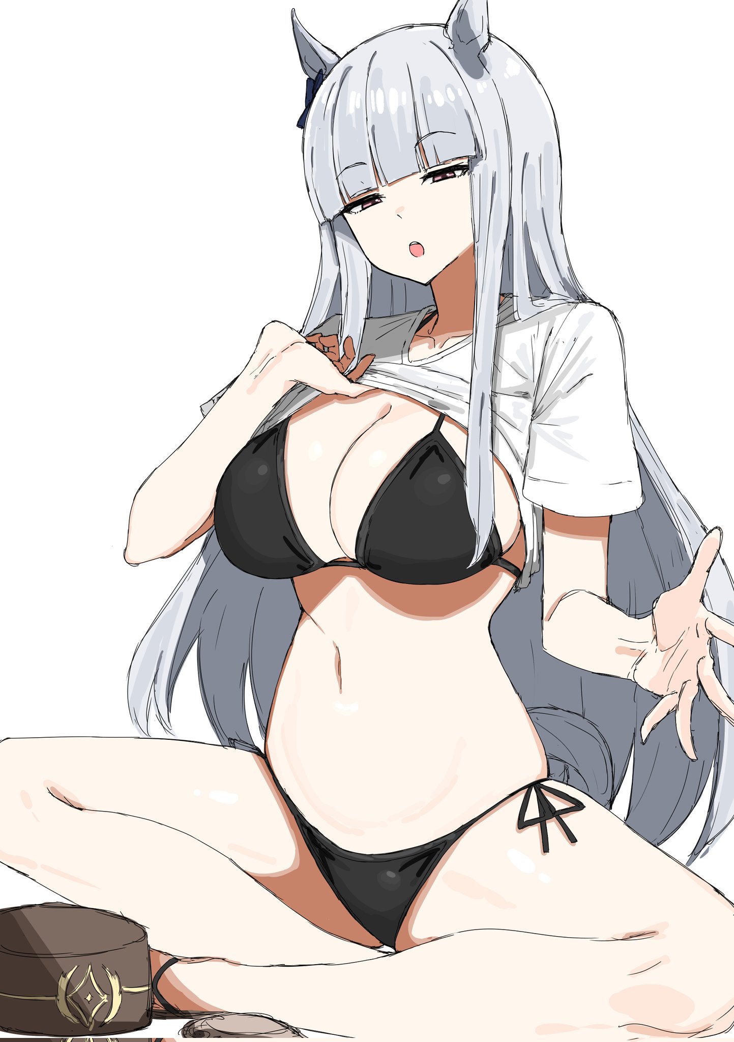 1girls, bikini, black bikini, bow, female, flip flops, gold ship (umamusume), hairbow, hat, horse ears, horse girl, horse tail, kumiyabe, light skin, light-skinned female, long hair, partially clothed, pink eyes, sandals, shirt, shirt lift, solo, solo female, tail, umamusume, white hair