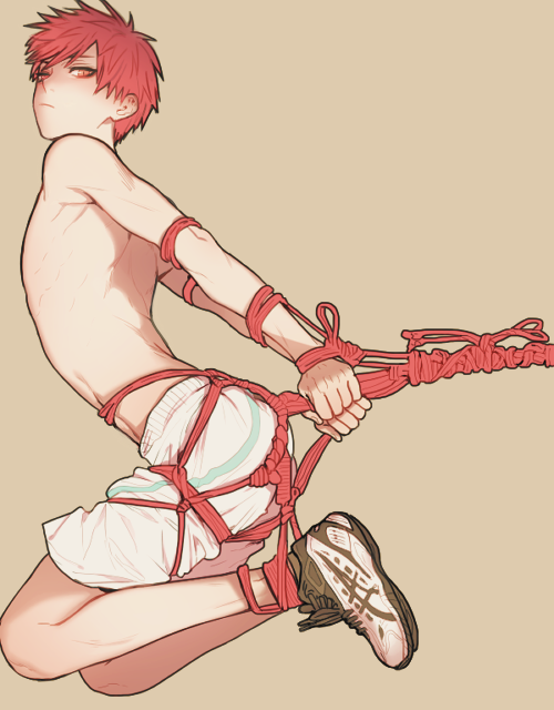 1boy akashi_seijuurou bondage kuroko_no_basuke male_only red_hair rope shoes sneakers solo sportswear