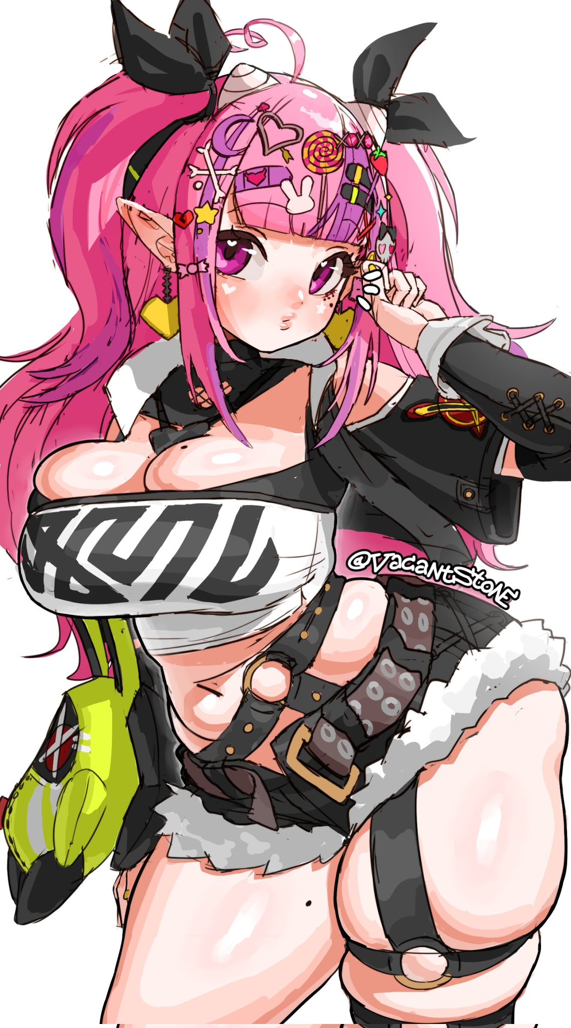 2025, ahoge, alternate breast size, alternate breast size (larger), arm at side, artist name, bangboo (zenless zone zero), belt, black jacket, black ribbon, black shorts, black sleeves, blunt bangs, blush, breasts, character doll, cleavage, clothes writing, clothing cutout, commentary, contrapposto, cosplay, cowboy shot, cropped jacket, cutoffs, demon girl, demon horns, detached sleeves, doll, earrings, english commentary, eyebrows hidden by hair, female, female focus, hair ornament, hair ribbon, hairclip, hairdressing, heart, heart ahoge, heart earrings, heart necklace, highres, horns, huge breasts, indie virtual youtuber, ironmouse, ironmouse (decora outfit), jacket, jewelry, long hair, long sidelocks, looking at viewer, micro shorts, midriff, mole, mole on breast, mole on thigh, multicolored hair, navel, necklace, nicole demara (cosplay), notice lines, o-ring, o-ring thigh strap, pink hair, pink lips, pointy ears, popped collar, puckered lips, purple eyes, purple hair, ribbon, shiny skin, shorts, shoulder cutout, sidelocks, simple background, skindentation, solo, strapless, streaked hair, thick thighs, thigh strap, thighs, tube top, twintails, vacantstone, virtual youtuber, white background, white tube top, yellow nails, zenless zone zero