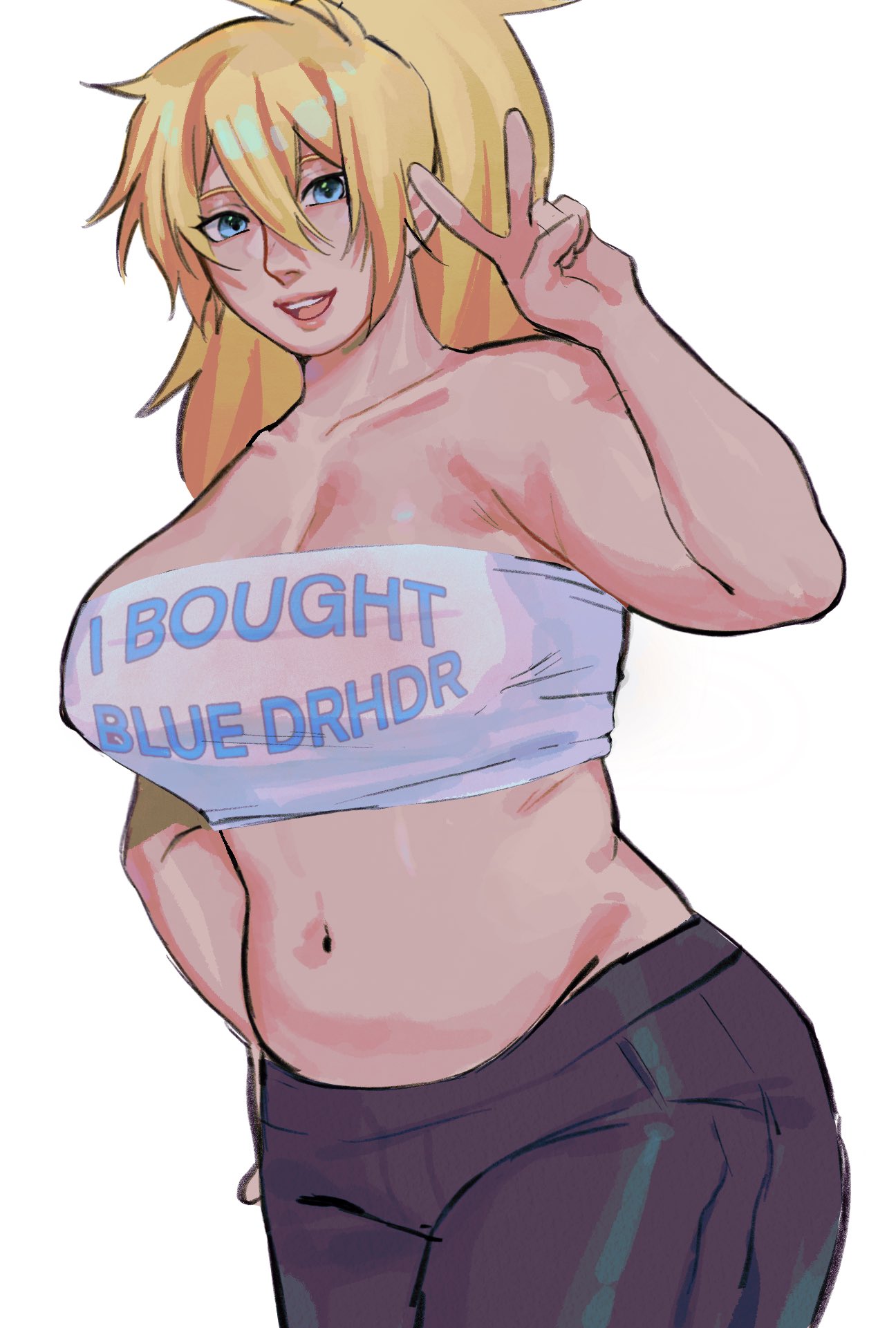 2024, advertisement, belly, belly button, blonde female, blonde hair, breasts, cute, dorohedoro, female, ksooupart, large breasts, looking at viewer, navel, nikaidou (dorohedoro), peace sign, slightly chubby, slightly chubby female, text on clothing, tubetop