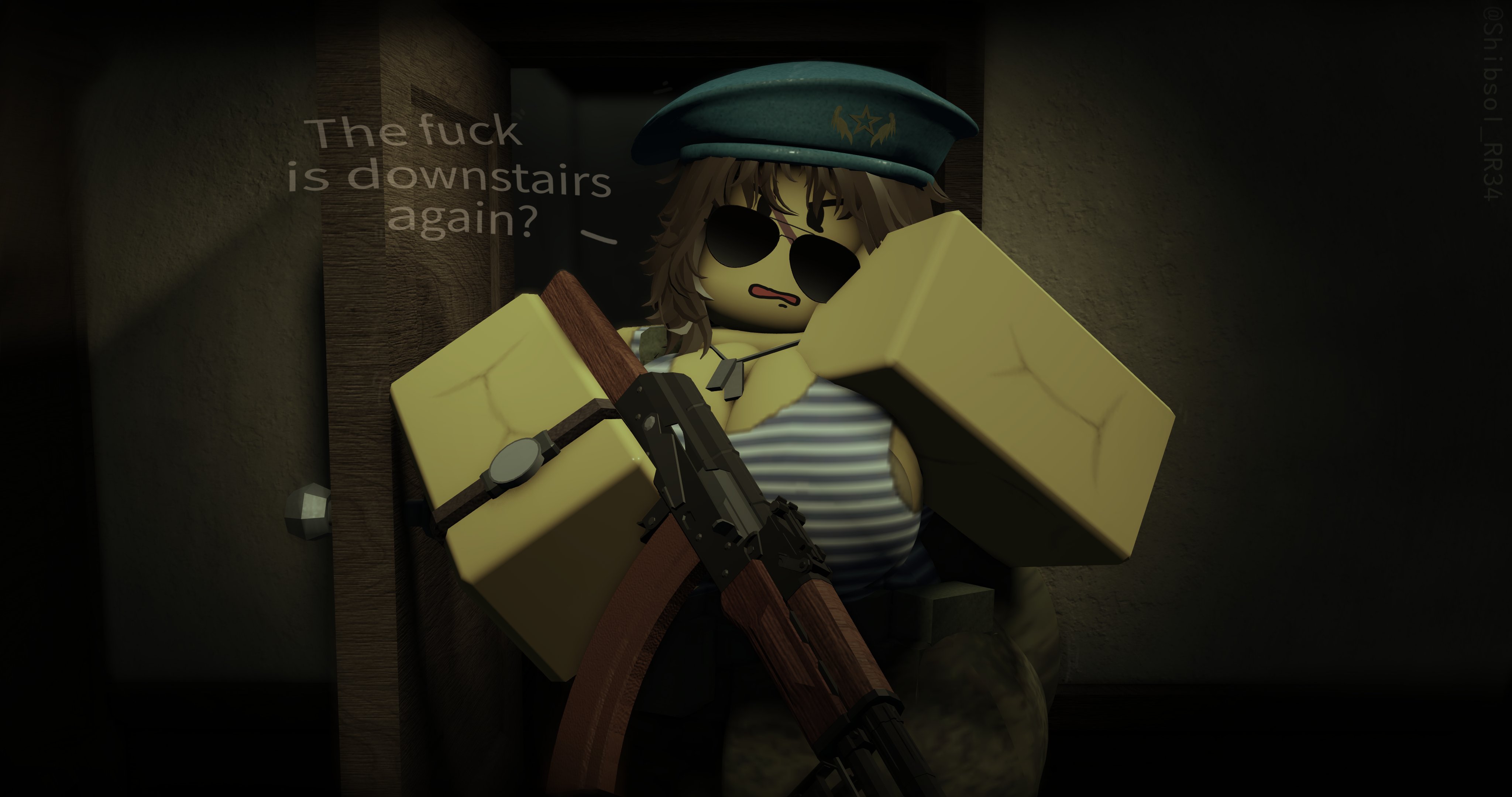 ?, 1girls, 3d, angry expression, beret, big breasts, blood debt, boobs, breasts, brown hair, cleavage, clothed, clothing, dialog, dog tags, english text, face scar, female, female only, firearm, gun, hat, indoors, muscular, muscular female, pants, roblox, roblox game, roblox studio, robloxian, shades, shibsol rr34, short hair, solo female, sunglasses, tagme, tank top, text, thighs, veronika kazakova, watch, yellow body