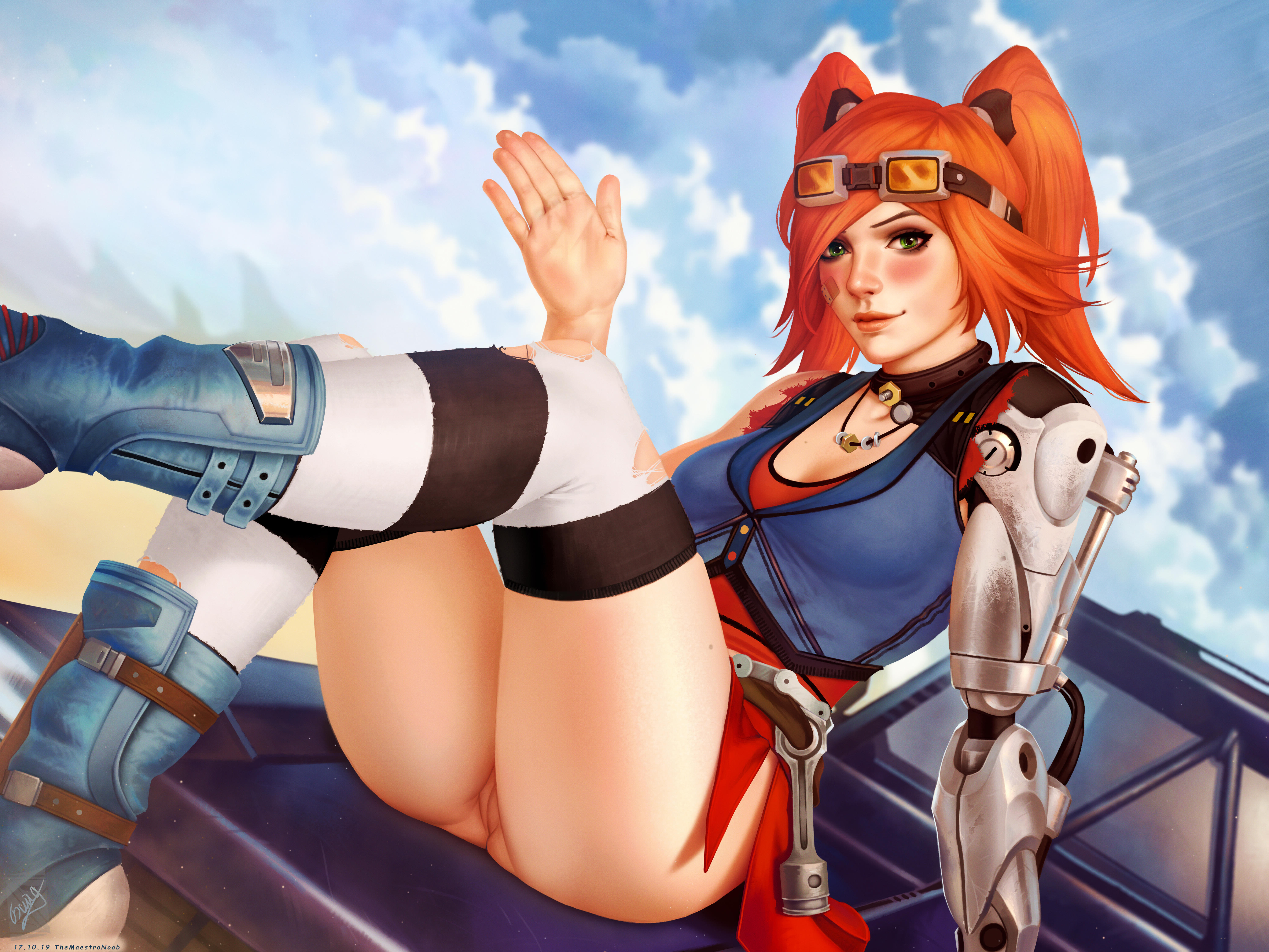 1girls, 2d, absurdres, ass, borderlands, borderlands 2, breasts, cleavage, female, female only, gaige (borderlands), goggles, green eyes, highres, looking at viewer, pussy, sci-fi, science fiction, scifi, solo, solo female, spread legs, themaestronoob, thighhighs