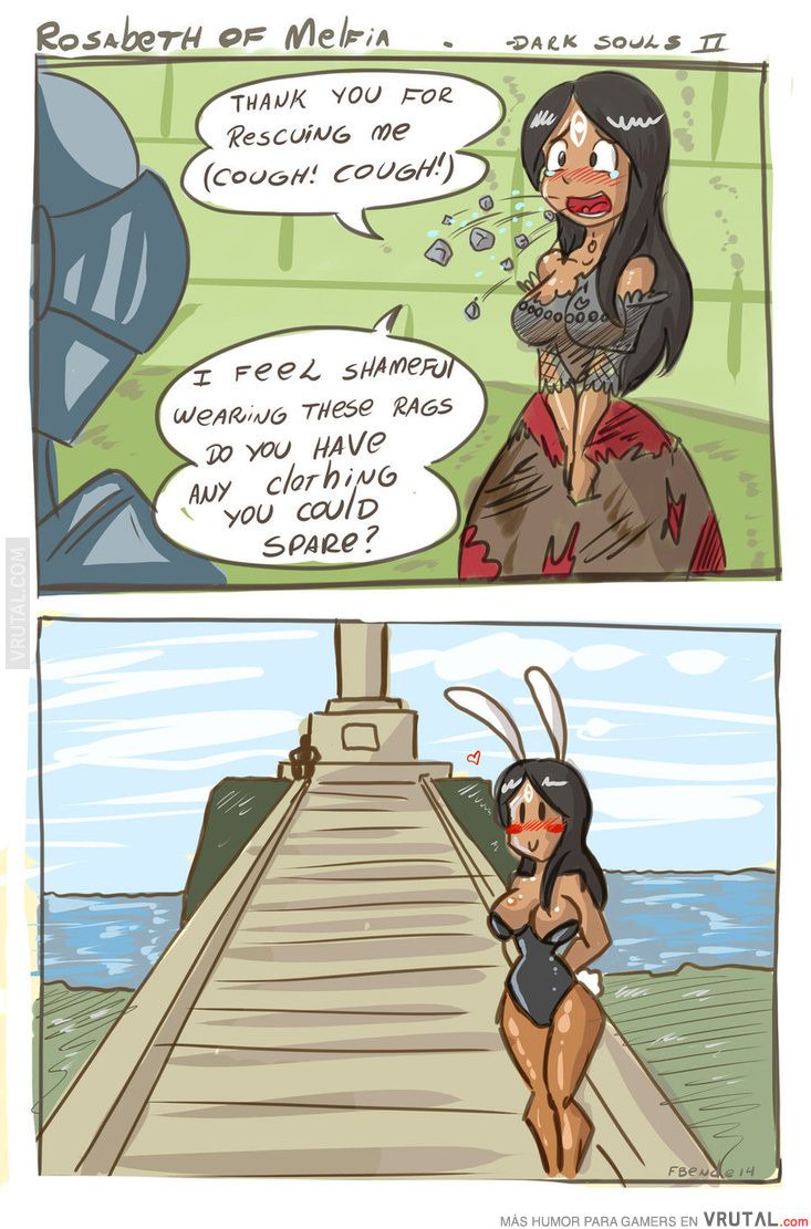 1boy, 1girls, asking for help, ass, bare arms, bare shoulders, beach, big ass, big breasts, big butt, black hair, blush, breasts, bunny costume, bunny ears, bunny tail, bunnysuit, cleavage, clothing change, comicial, cough, coughing, crying, curvy, curvy female, curvy figure, dark skin, dark souls, dark souls (series), dark souls 2, dark-skinned female, dock, dress, embarrassed, female, forehead mark, fromsoftware, funny, funny face, gameplay mechanics, hands behind back, heart, heart symbol, hourglass figure, hourglass figured female, large ass, large breasts, large butt, legwear, lighthouse, long hair, ocean, ocean background, pantyhose, rescue, ripped clothing, ripped dress, rocks, rosabeth of melfia, sea, shiny body, shiny skin, smile, smiling, speech bubble, standing, tattered clothing, tears, text, thankful, thanking, thick, thick ass, thick butt, thick hips, thick legs, thick thighs, torn clothes, voluptuous, voluptuous female, wide hipped female, wide hips, wide thighs
