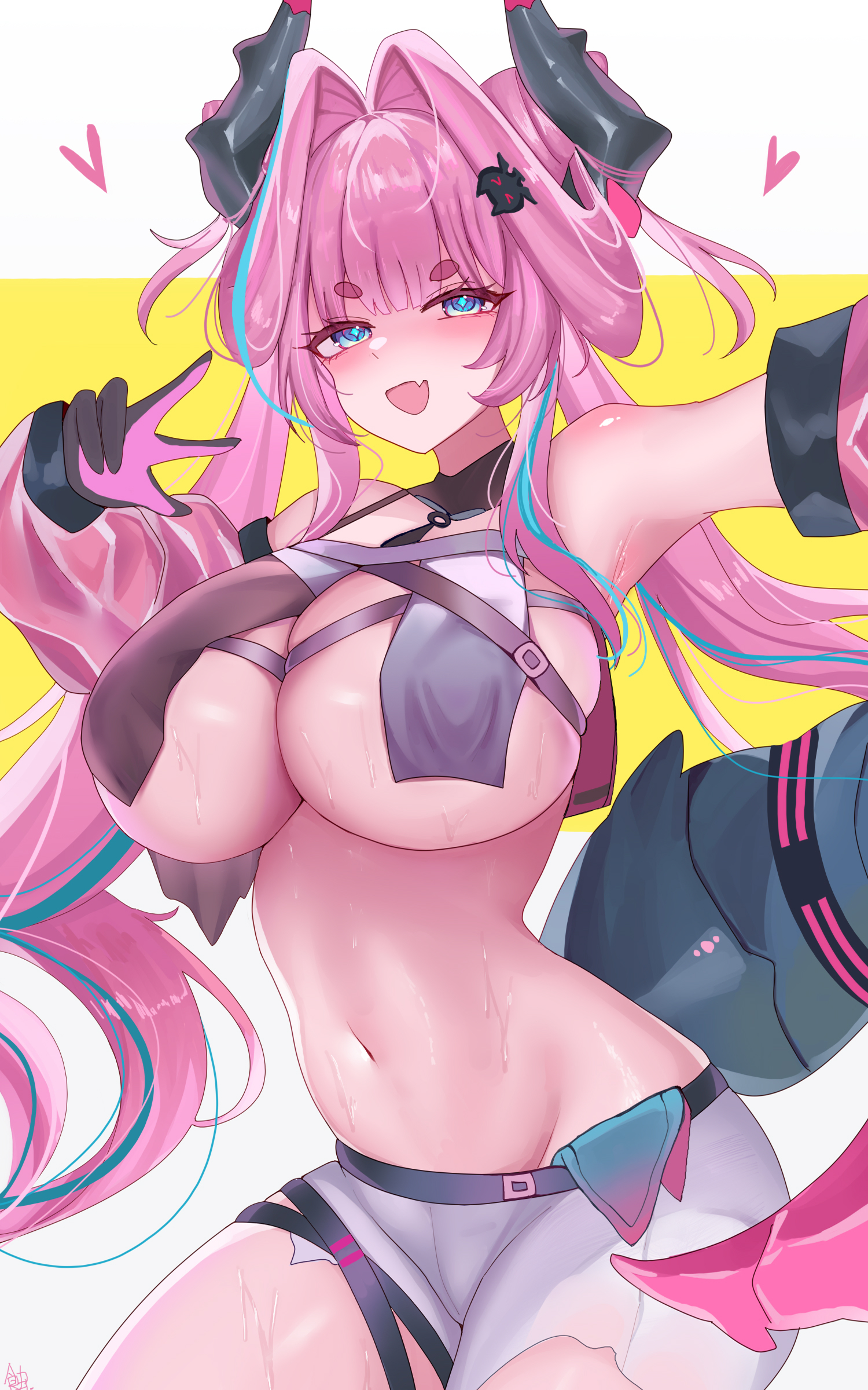 absurdres, aqua hair, arknights, arknights: endfield, blue eyes, breast curtains, breasts, commentary request, dragon girl, dragon horns, dragon tail, female, female torso, hair intakes, highres, horns, huge breasts, long hair, looking at viewer, multicolored hair, multicolored horns, navel, oerba yun fang, open mouth, pink hair, shorts, skin fang, solo, stomach, tail, torn clothes, torn shorts, two-sided gloves, two-tone hair, two-tone horns, very long hair, white shorts, winter eclipse, yvonne (arknights: endfield)