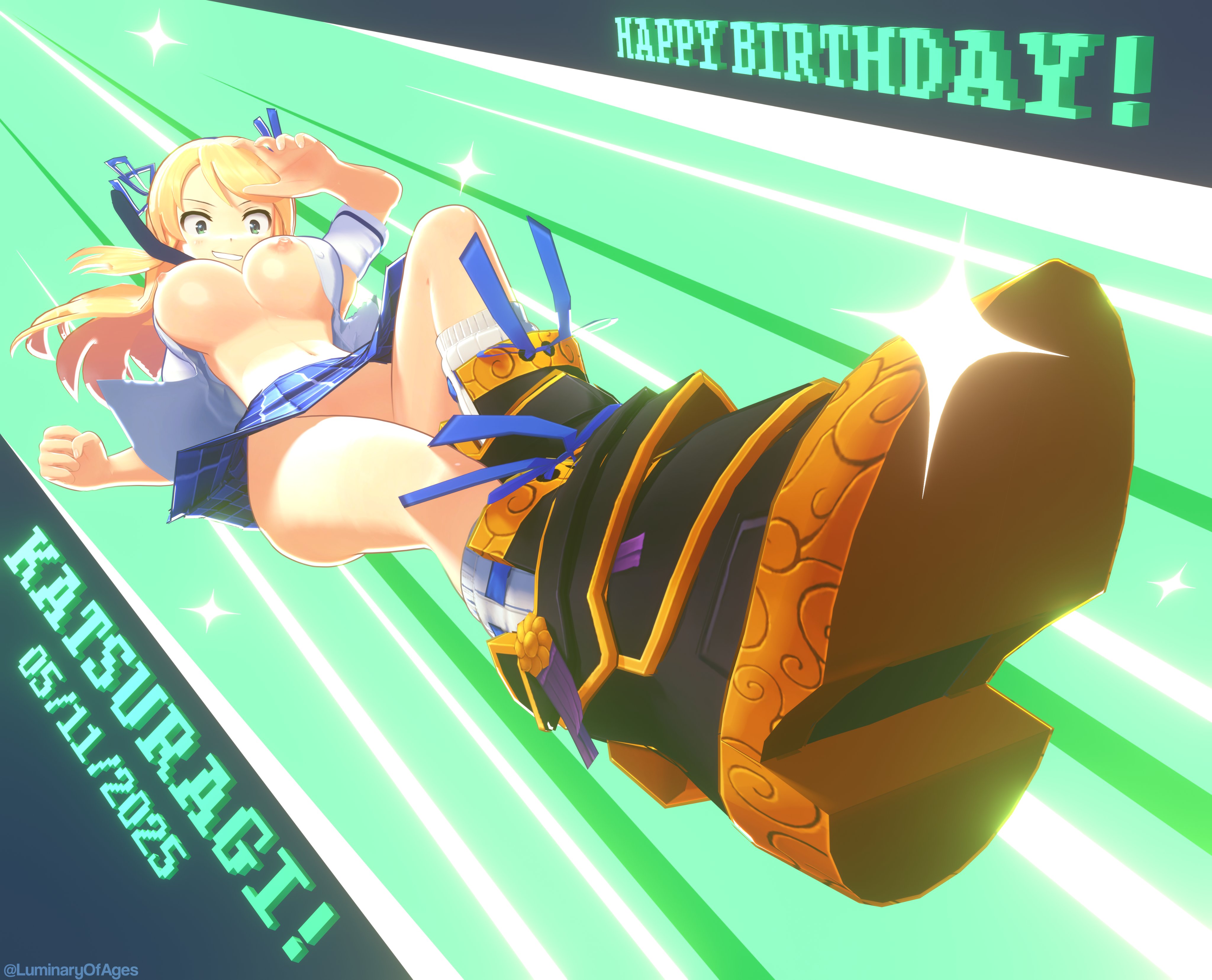 1girls, 3d, 3d (artwork), blonde hair, blue eyes, breasts, breasts out, female, female only, happy birthday, katsuragi (senran kagura), kicking, light skin, light-skinned female, long hair, luminaryofages, mmd, necktie, necktie between breasts, nipples, pantyshot, senran kagura, skirt, solo, striped panties