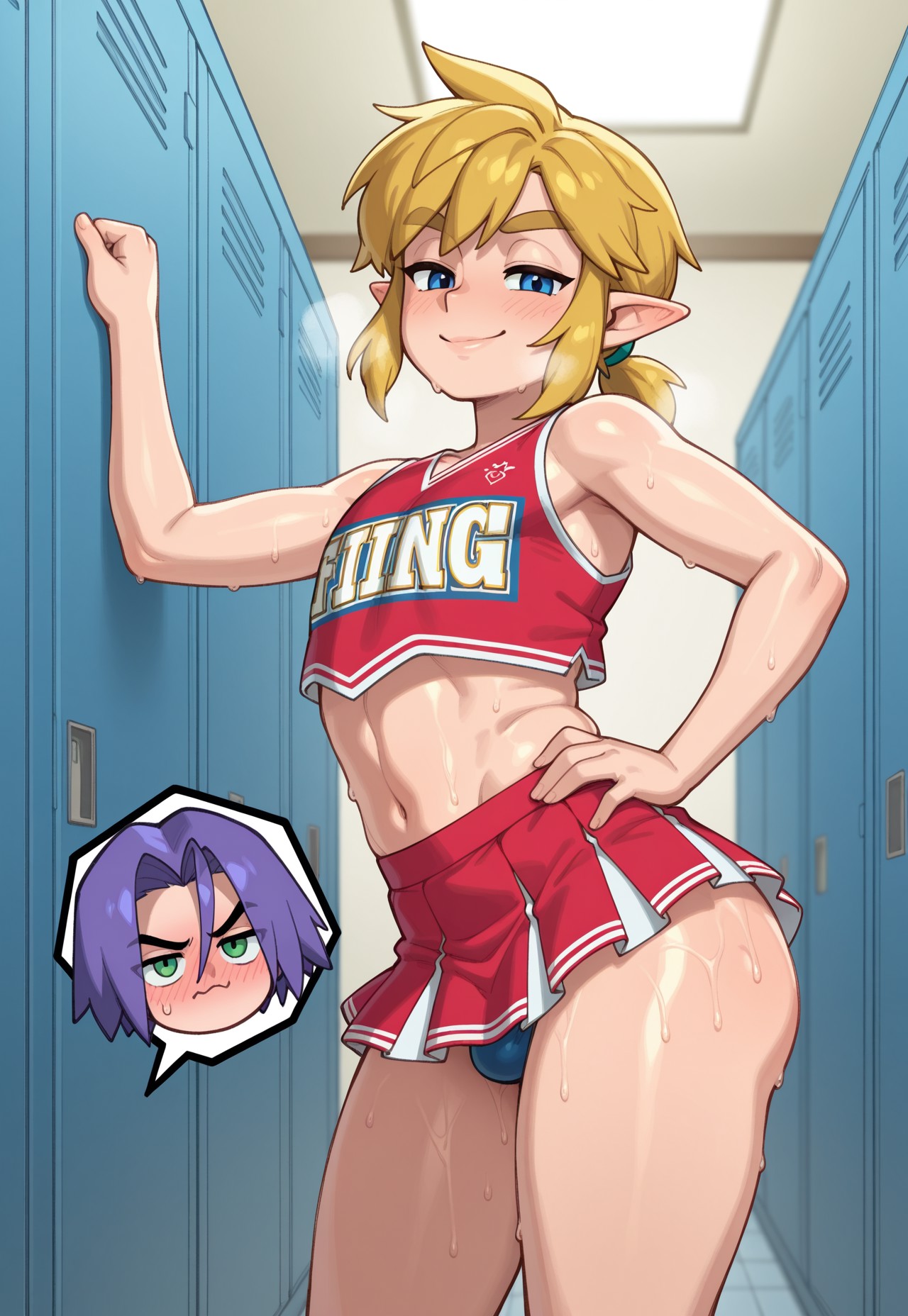 2025, 2boys, 2femboys, ai generated, alternate version available, bangs, blonde hair, blue eyes, blush, bulge, cheerleader, cheerleader outfit, cheerleader uniform, crossdressing, dispatcher2, femboy, feminine male, girly, green eyes, james (pokemon), link, locker, locker room, lockers, looking at viewer, male, pointy ears, pokemon, purple hair, skirt, smile, smiling, standing, steamy breath, sweat, sweatdrop, the legend of zelda, thick thighs, thighs, trap