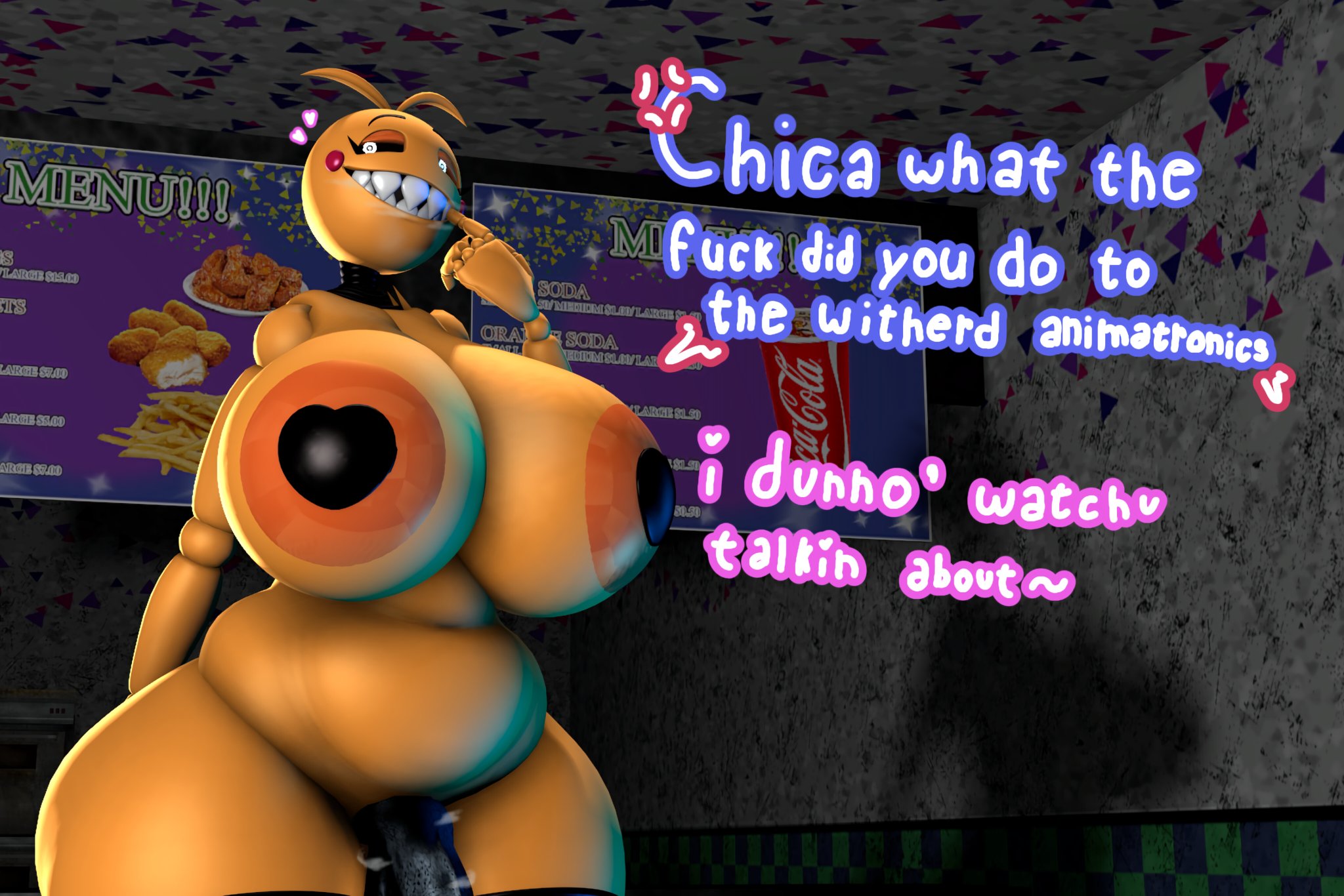 1futa, 3d, 3d (artwork), acting innocent, ballsinmymouth, big ass, big breasts, big butt, big penis, breasts, bulge, english text, fat, five nights at freddy's, flaccid, fnaf, futadom, futanari, huge ass, huge breasts, huge cock, hyper, hyper penis, intersex, musk, musk clouds, musky cock, pasties, penis, sfm, solo, solo futa, source filmmaker, text, toy chica (cyanu), toy chica (fnaf)
