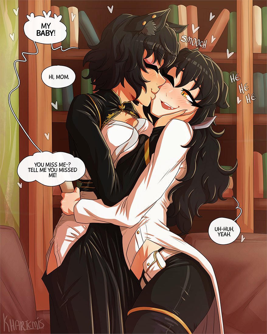 2girls, animal ears, artist name, black hair, blake belladonna, bookshelf, cat ears, cat girl, closed eyes, commentary, english commentary, english text, female, hand on another's face, heart, hug, indoors, kali belladonna, khartemis, kissing, kissing cheek, long hair, medium hair, mother and daughter, multiple females, multiple girls, one eye closed, open mouth, rwby, smile, speech bubble, wholesome, yellow eyes