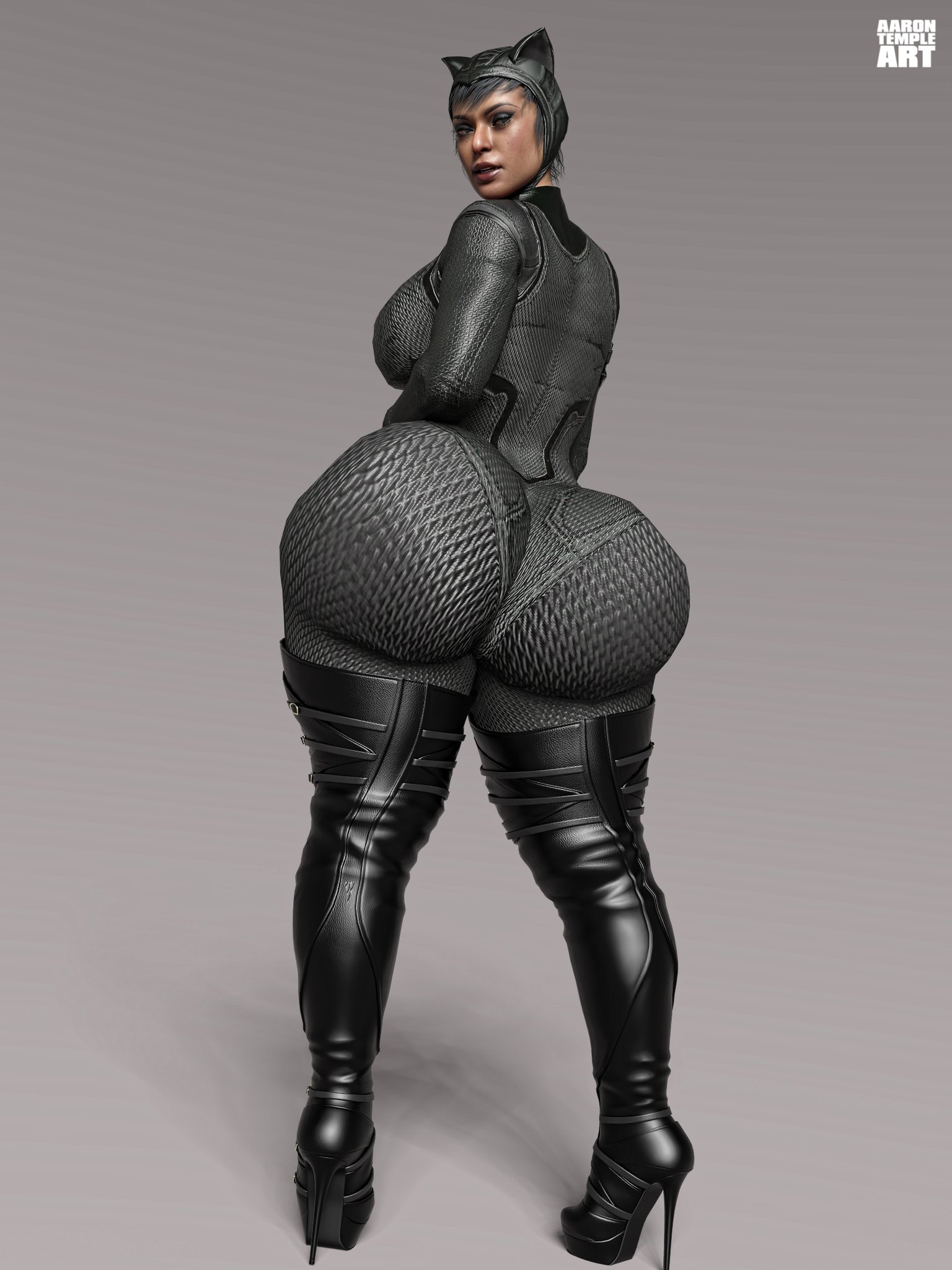 1girls, 3:4, 3d, aarontempleart, artist name, ass, ass bigger than head, ass focus, ass implants, back view, batman (series), big ass, big breasts, big thighs, black hair, bodysuit, boots, bottom heavy, bubble butt, busty, catwoman, catwoman (injustice), clothed, clothed female, curvaceous, curvy, curvy figure, dc, dc comics, enhanced ass, enormous ass, fake ass, fat ass, female, female only, fully clothed, giant ass, high heel boots, high heels, huge ass, huge breasts, huge thighs, injustice 2, large ass, large breasts, large thighs, light skin, light-skinned female, looking at viewer, looking back, massive ass, non-nude, rear view, round ass, round butt, simple background, solo, solo female, thick, thick ass, thick hips, thick thighs, thigh boots, thunder thighs, voluptuous, voluptuous female, wide ass, wide hips, wide thighs