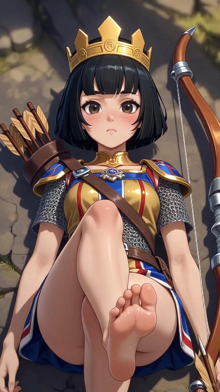 ai, ai generated, beauty, black hair, brown eyes, clash (series), clash royale, feet, foot fetish, foot focus, princess, princess (clash royale), sexy, sexy body, sexy pose