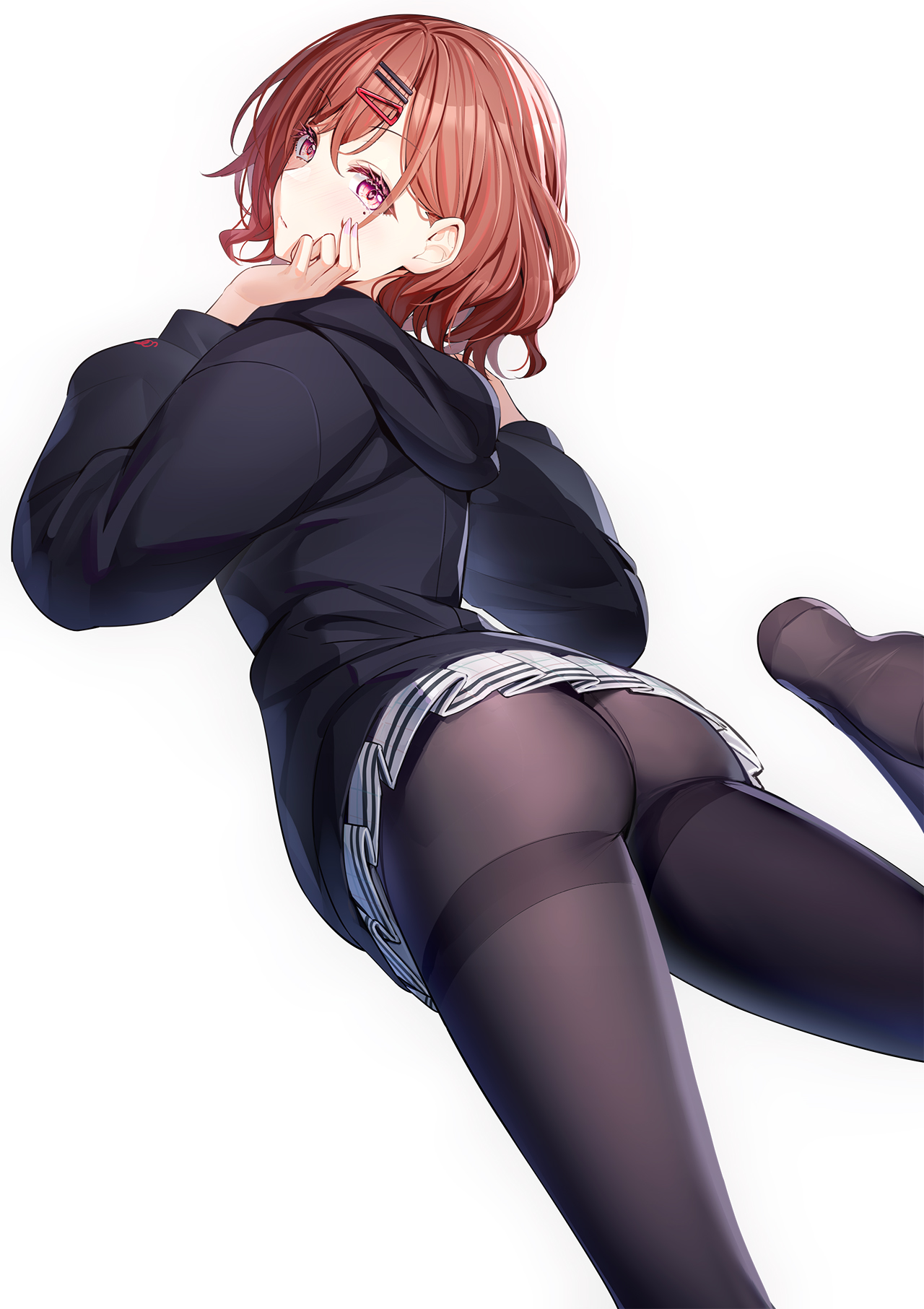 1girls, ass, black hoodie, black pantyhose, black sweater, blush, breasts, brown hair, feet, female, fine fabric emphasis, foot out of frame, foot up, hair ornament, hairclip, highres, higuchi madoka, hood, hood down, hoodie, idolmaster, idolmaster shiny colors, legs, long sleeves, looking at viewer, looking back, lying, miniskirt, no shoes, on stomach, pantyhose, pleated skirt, purple eyes, ririko (zhuoyandesailaer), short hair, simple background, skirt, soles, solo, sweater, swept bangs, thighband pantyhose, white background