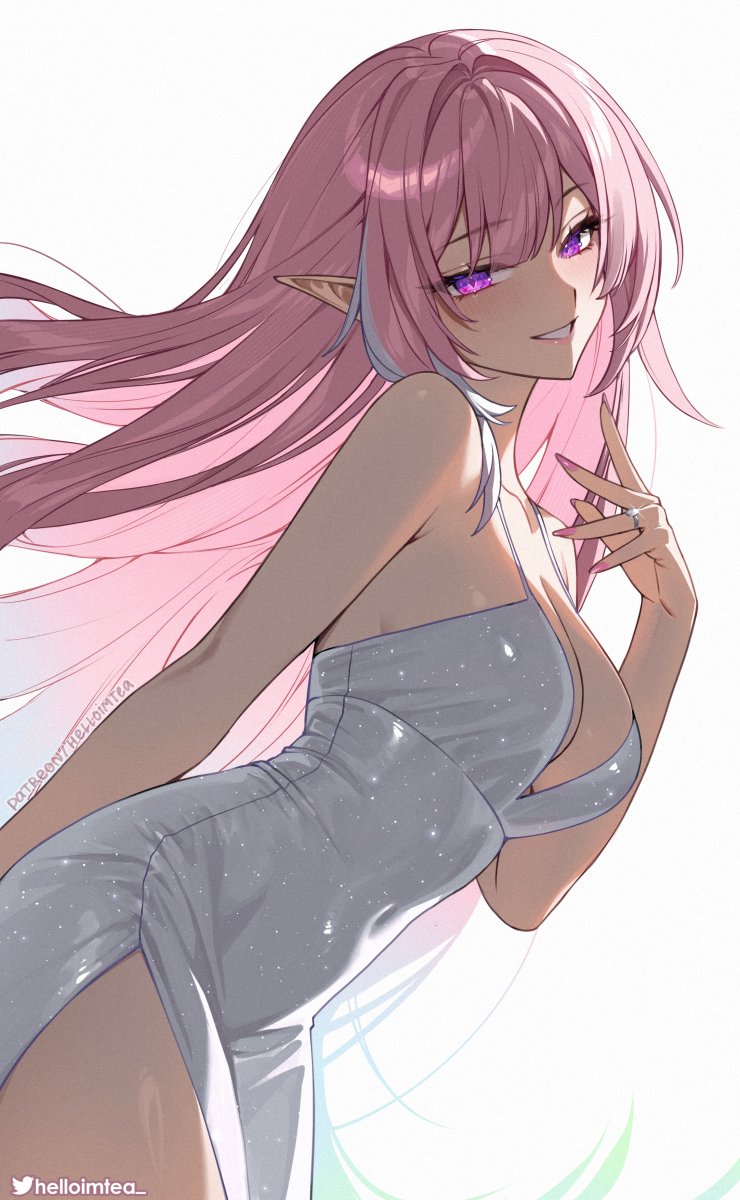 alternate costume, artist name, bare shoulders, breasts, commentary, covered navel, cyrene (honkai: star rail), cyrene (ripples of past reverie) (honkai: star rail), demiurge (honkai: star rail), diamond (shape), diamond-shaped pupils, dress, female, fingernails, from side, hand up, helloimtea, highres, honkai (series), honkai: star rail, jewelry, large breasts, long hair, looking at viewer, looking to the side, nail polish, paid reward available, parted lips, pink hair, pointy ears, purple eyes, ring, side slit, sidelocks, simple background, smile, solo, symbol-shaped pupils, white background, white dress