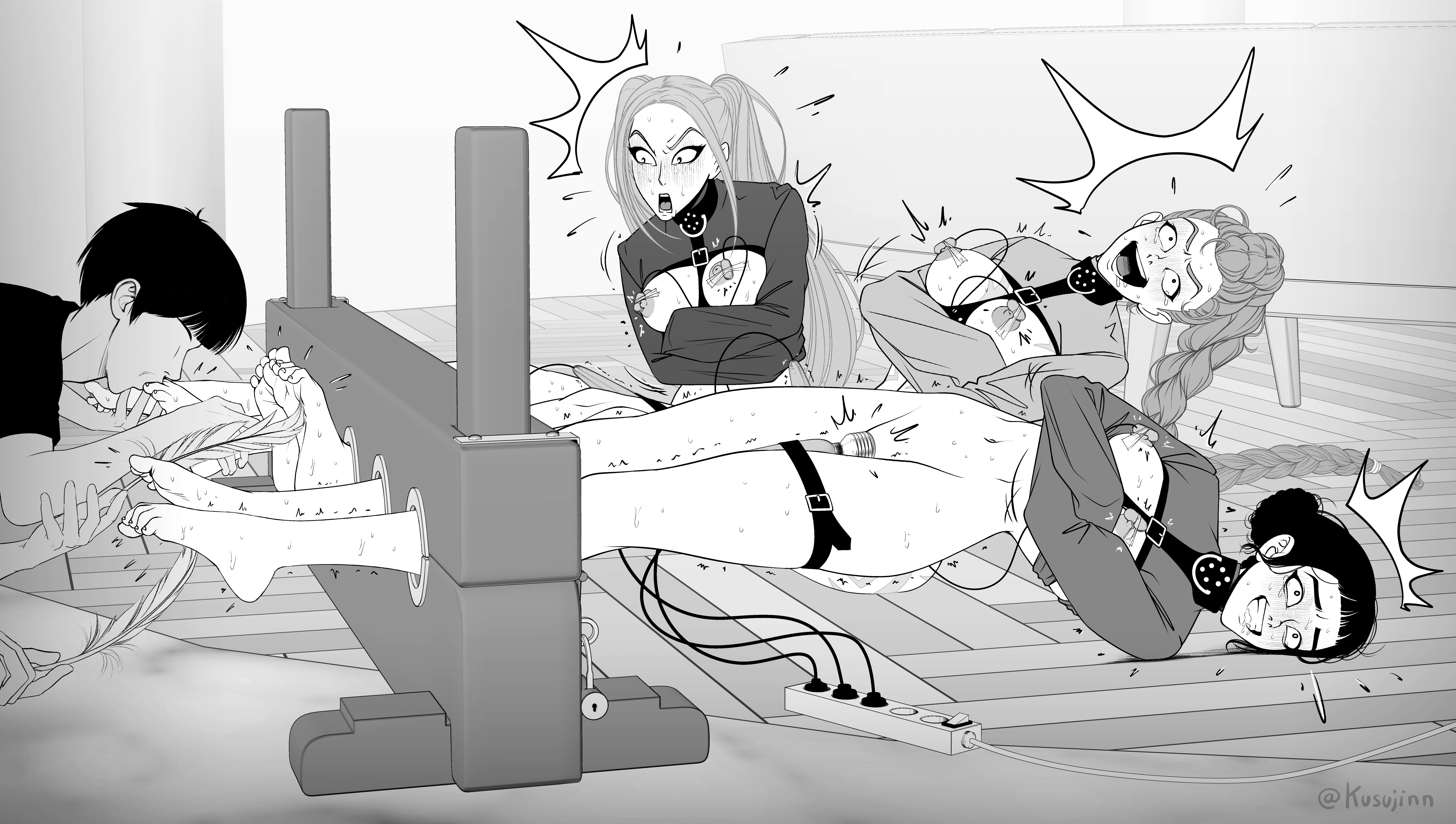 3girls, bolero straitjacket, bondage, bondage gear, crying laughing, female, foot fetish, kidetic, kpop demon hunters, kusujinn, licking, licking feet, male, mira (kpop demon hunters), restrained, rumi (kpop demon hunters), straitjacket, sucking feet, tickle torture, tickling, tickling feet, zoey (kpop demon hunters)