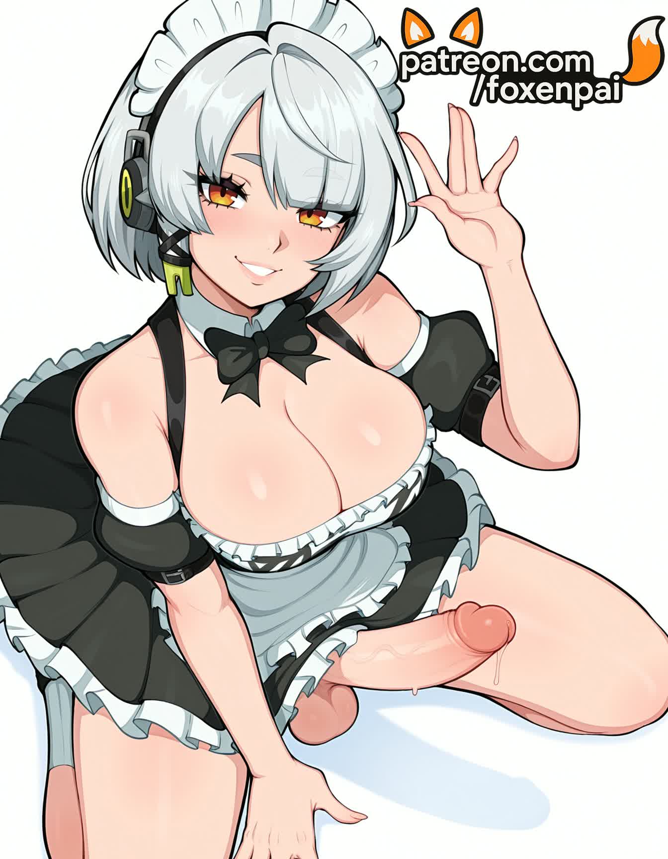 1futa, 2025, ai generated, anby demara, apron, artist name, balls, breasts, bust, chest, cleavage, cock, dick, dress, enmaided, erection, eyebrows visible through hair, foreskin, foxenpai, frills, futanari, genderswap (ftm), headphones, hi res, high quality, high resolution, highres, intersex, maid, maid apron, maid headdress, orange eyes, otoko no ko, patreon, patreon username, penis, precum, smile, solo, stable diffusion, testicles, tight foreskin, uncensored, uncircumcised, veins, watermark, white apron, zenless zone zero