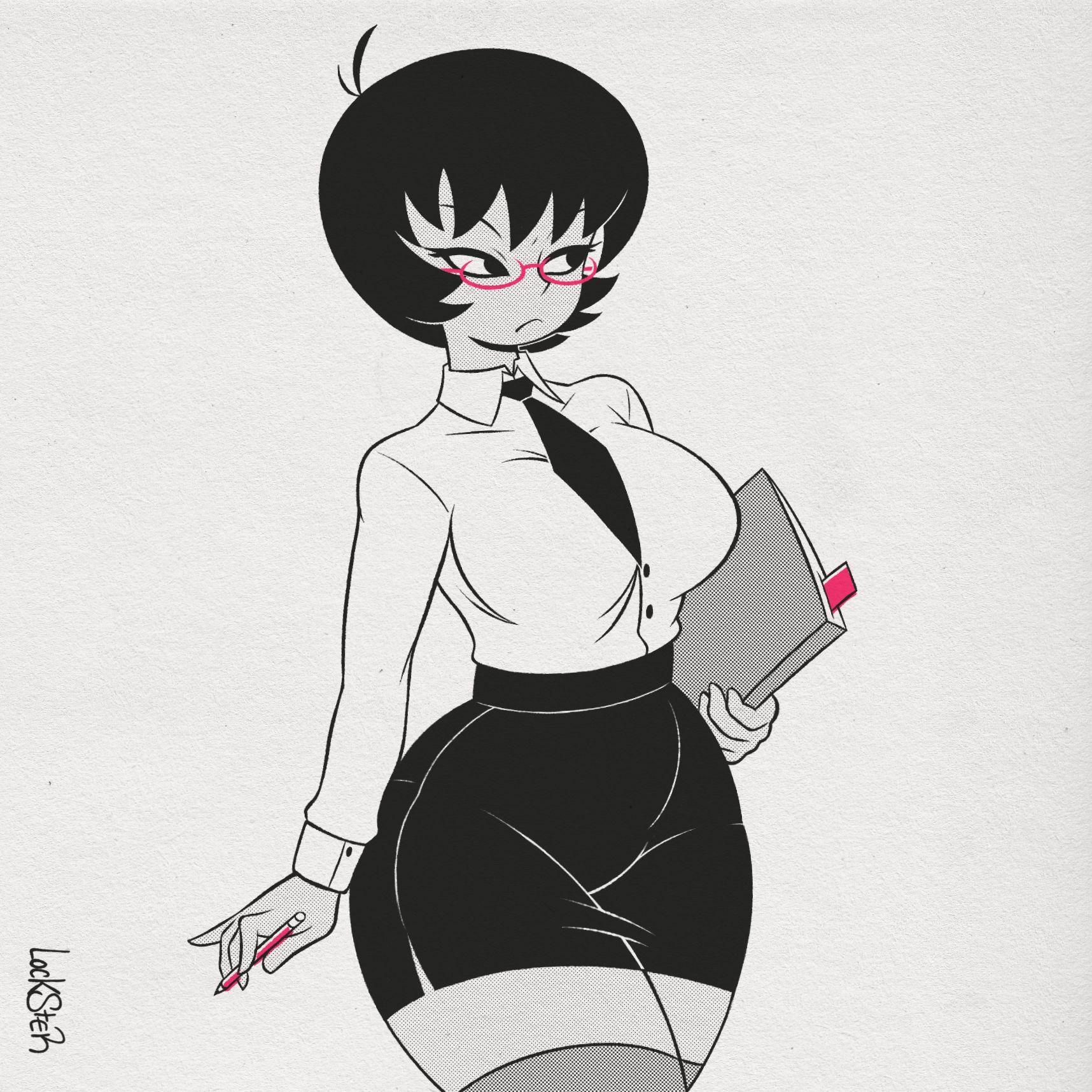 1girls, 2025, big breasts, black hair, black hair female, breasts, clothed, clothed female, curvy, cute, female, female focus, female only, glasses, glasses on face, jucika, jucika (comic), lockster2c02, neutral expression, office clothing, office lady, solo, solo female, thick thighs, thighhighs, thighs, walking