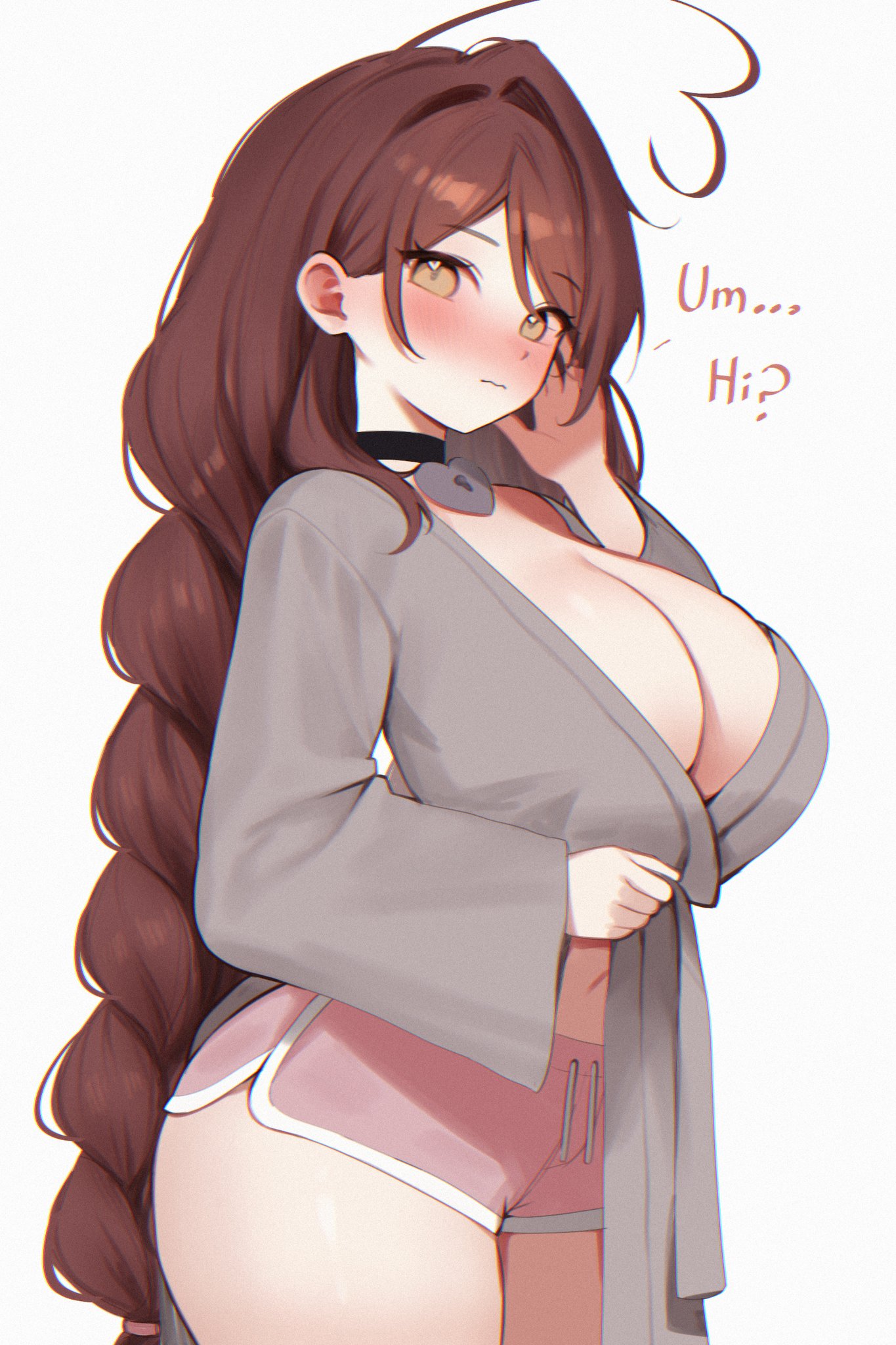 ahoge, black choker, blush, braid, breasts, brown eyes, brown hair, choker, cleavage, closed mouth, commentary, dolphin shorts, english commentary, female, grey robe, hair intakes, heart, heart ahoge, heart collar, heart in eye, heart-shaped lock, highres, huge breasts, indie virtual youtuber, long hair, long sleeves, looking at viewer, navel, pink shorts, robe, shorts, simple background, sky (skyaboveme), sky above me, sky above me (vtuber), skyaboveme, solo, symbol in eye, thighs, very long hair, virtual youtuber, wavy mouth, white background