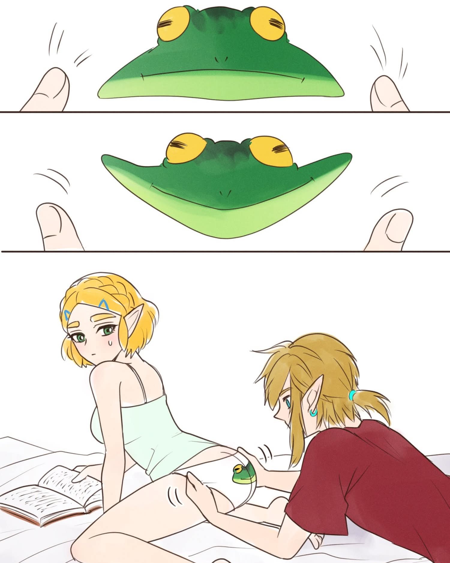 alternate version available, ass, blonde female, blonde hair, blonde male, book, frog, ichigobotw2, link, no pants, panties, princess zelda, print panties, tears of the kingdom, the legend of zelda, white panties, zelda (tears of the kingdom)