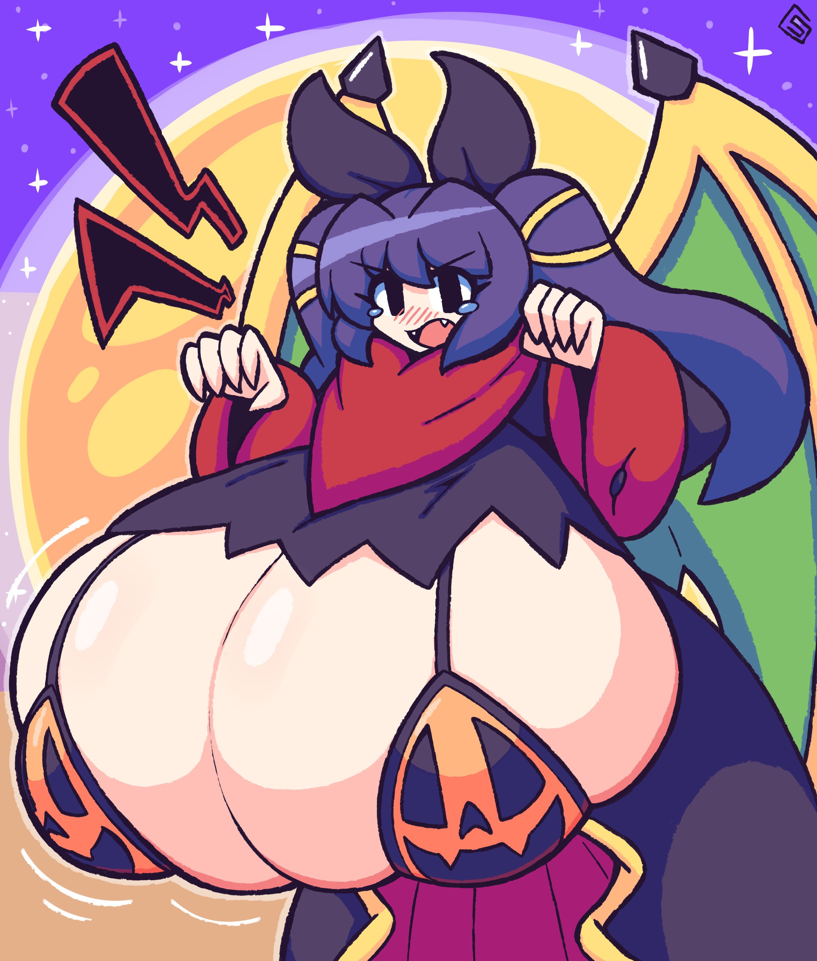 1girls, bat ears, blush, bra, breast expansion, breasts, breasts bigger than head, bursting breasts, cleavage, dragon girl, embarrassed, fake animal ears, fangs, female, female only, fire emblem, fire emblem heroes, fire emblem: the sacred stones, gensin, gigantic breasts, halloween, looking at viewer, manakete, myrrh (fire emblem), purple hair, solo, tears, tied hair, twintails, wings