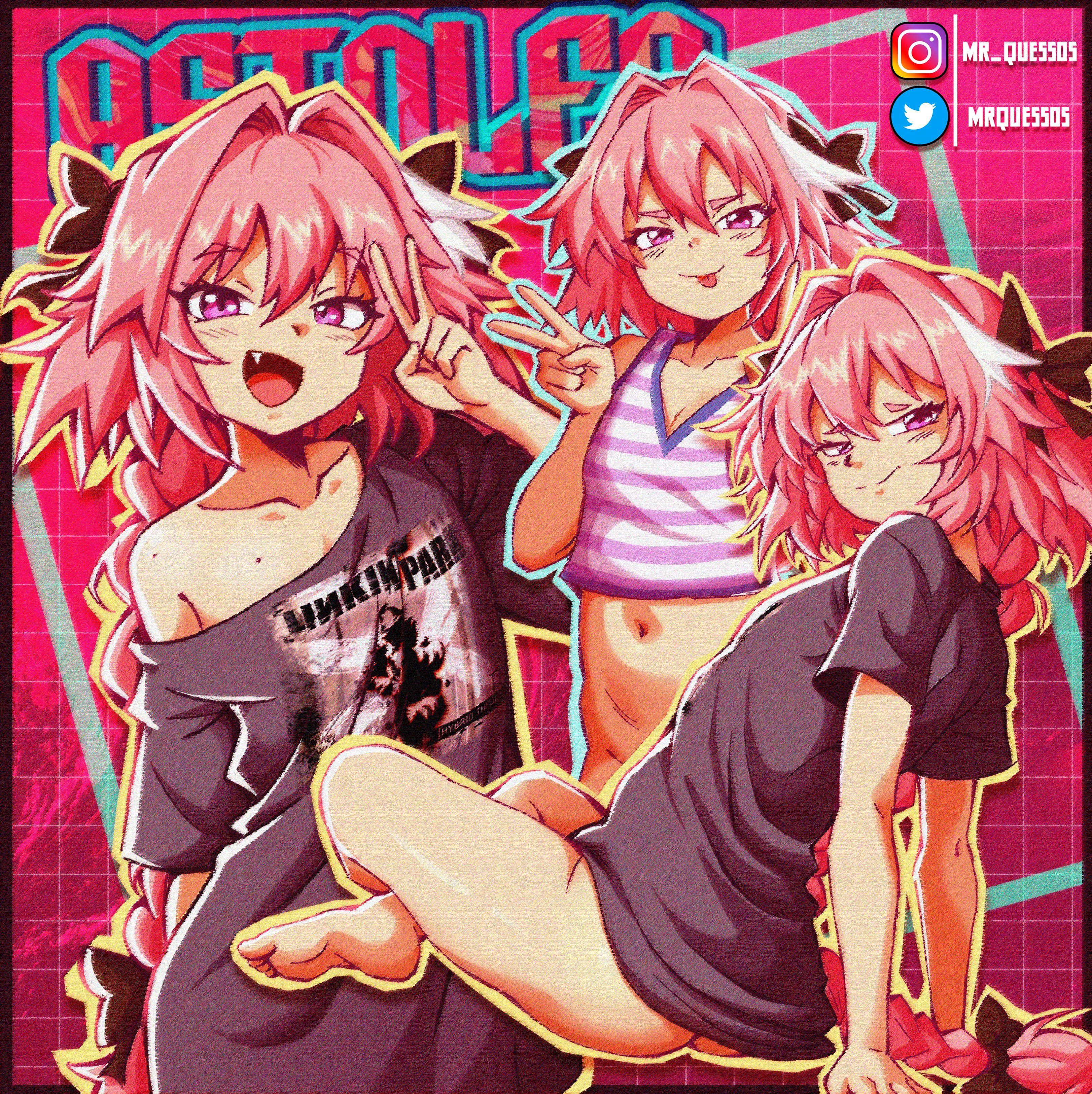 1boy, 2025, 2d, ass, astolfo (fate), barefoot, clothed, clothing, crop top, fate (series), fate/grand order, feet, femboy, light skin, light-skinned male, looking at viewer, male, male only, mrquessos, multiple images, peace sign, pink eyes, pink hair, shirt, solo, tongue, tongue out, tummy, twitter link