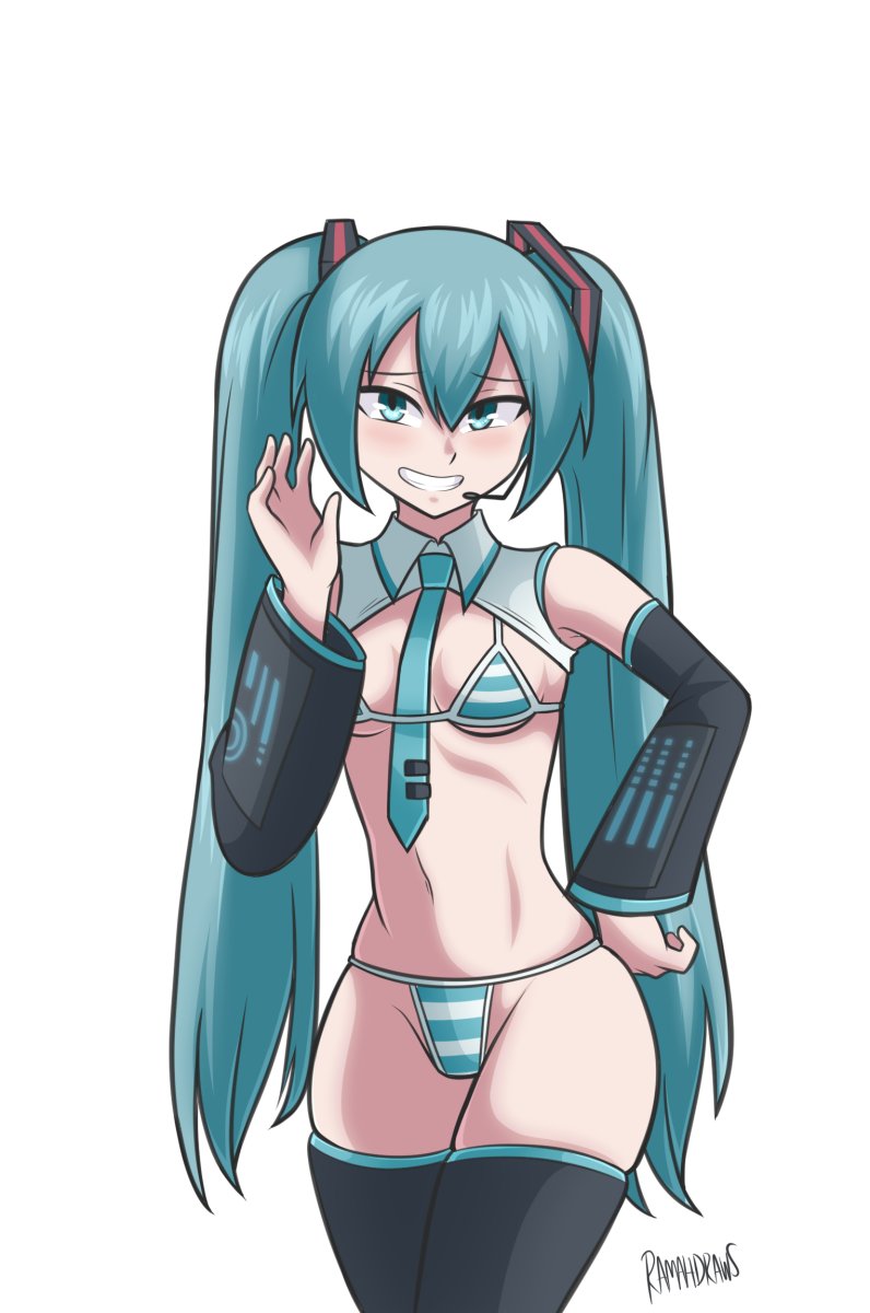 1girl, aqua eyes, aqua hair, artist name, bikini, black thighhighs, blush, bra, breasts, cowboy shot, detached sleeves, female, grin, hand on hip, hatsune miku, headset, long hair, looking at viewer, micro bikini, navel, necktie, petite, petite female, ramahdraws, sega, simple background, small breasts, smile, solo, striped, striped bikini, swimsuit, thighhighs, thong, twintails, very long hair, vocaloid, white background