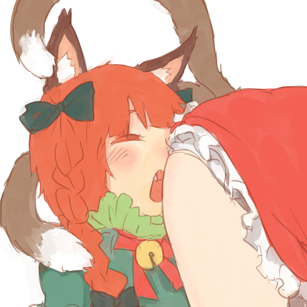 13o 2girls ass braids cat_ears chen face_in_ass female female_only multiple_girls open_mouth ribbon rin_kaenbyou tail touhou uncensored yuri