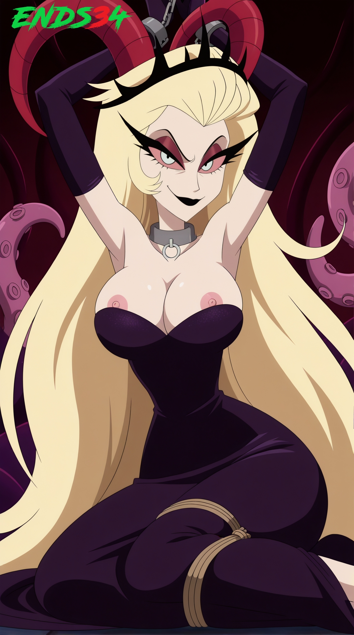 2025, ai generated, big breasts, blonde hair, breasts, ends34, female, female only, hazbin hotel, horns, lilith morningstar (hazbin hotel), milf, tentacle hair