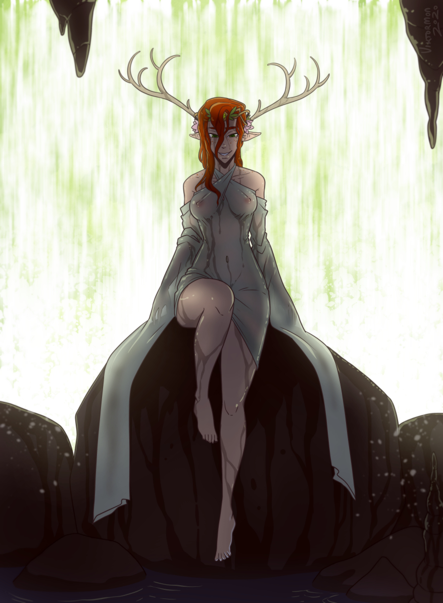 antlers, barefoot, cave, critical role, critical role: vox machina, druid, dungeons and dragons, female, freckles, green eyes, half-elf, headdress, keyleth, nude, pointy ears, red hair, sitting, solo, transparent clothing, viktormon, waterfall, wet, wet clothes, wet hair