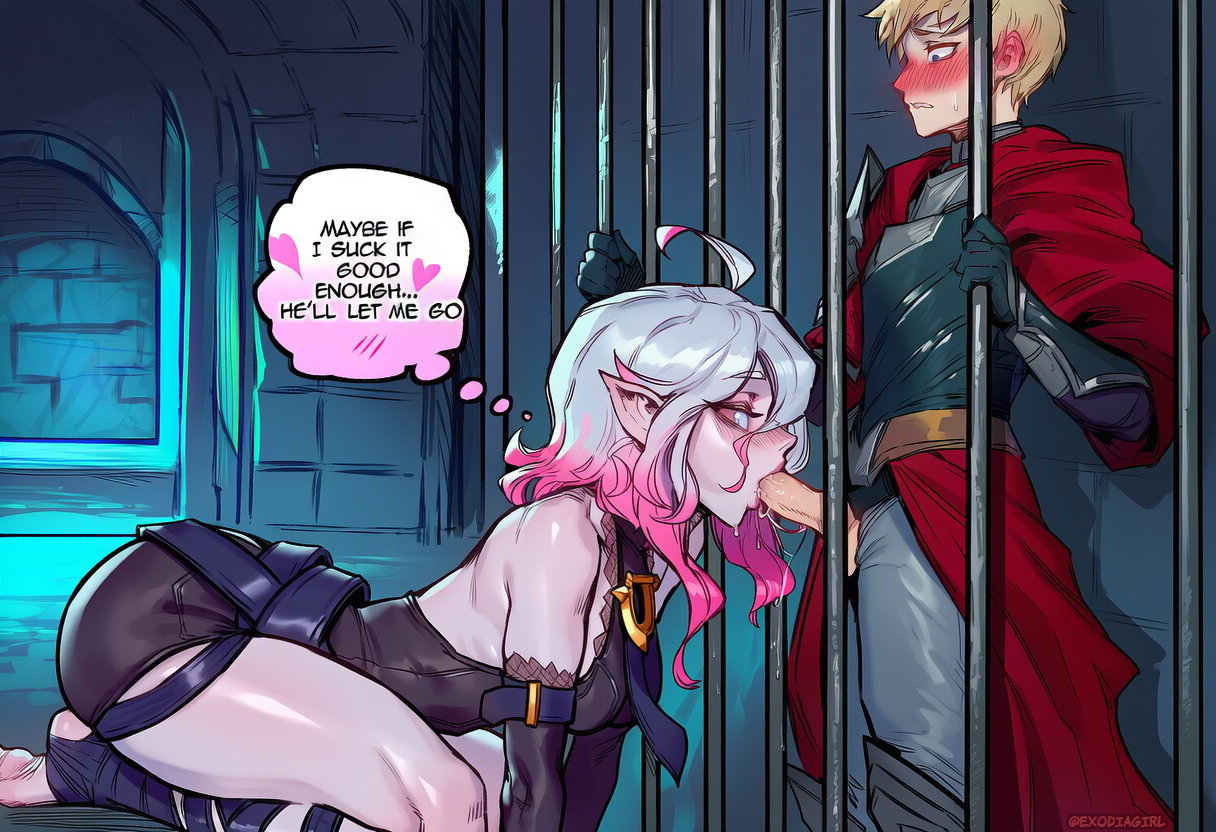 1boy, 1girls, ai generated, ass, big ass, big butt, blowjob, blush, briar (league of legends), busty, clothed, clothed sex, curvy body, curvy female, curvy figure, curvy hips, curvy thighs, dominant female, exodia girl, fellatio, female, femdom, jail, jail bars, jail cell, large ass, large butt, larger female, league of legends, male, massive ass, penis, penis in mouth, prison, prisoner, riot games, saliva, smaller male, speech bubble, submissive male, sucking penis, taller female, text, vampire girl, voluptuous female, waifu, wet