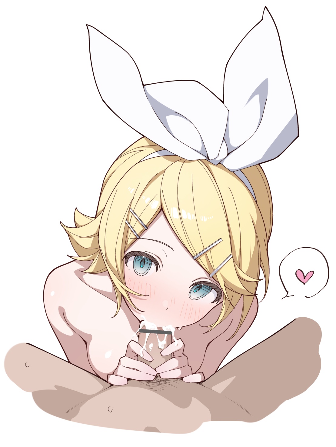 blonde hair, blowjob, blue eyes, blush, cum, cum in mouth, cumming, cumming in mouth, hair ornament, kagamine rin, looking at viewer, oral, oral sex, penis, rakugaki nye, scribble censor, short hair, sucking, sucking penis, vocaloid