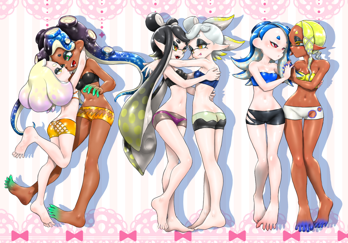 6girls, ass, ass cleavage, ass crack, black hair, black hair female, blue hair, breasts, callie (splatoon), cousins, cute, dark skin, dark-skinned female, deep cut (splatoon), female, female focus, female only, frye (splatoon), frye onaga, gray hair, grey hair, incest, inkling, inkling girl, koharuno2, legs, marie (splatoon), marina (splatoon), marina ida, nintendo, octoling, octoling girl, off the hook (splatoon), pearl (splatoon), pearl houzuki, shiver (splatoon), shiver hohojiro, shorts, skimpy, skimpy clothes, small breasts, splatoon, splatoon (series), splatoon 2, splatoon 3, squid sisters, strapless bra, tummy, white hair, yellow hair, yuri