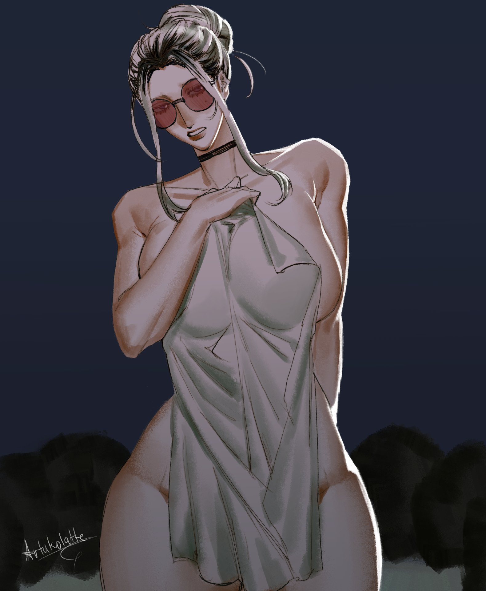 1girls, artist name, artist signature, artukolatte, bathing, covering, female, glasses, gokurakugai, naked, nude, solo, sunglasses, tao saotome, tinted eyewear, towel