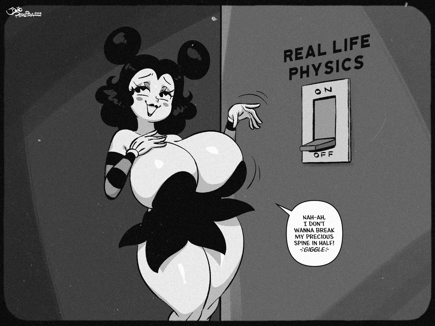 1girls, 2025, 4th wall breaking, big ass, big breasts, black eyes, black hair, butt, comedy, female, fourth wall broken, funny, humor, joaoppereiraus, original, original character, rubberhose, sally mcboing, source request, switch, tagme, thick thighs, white body, white skin