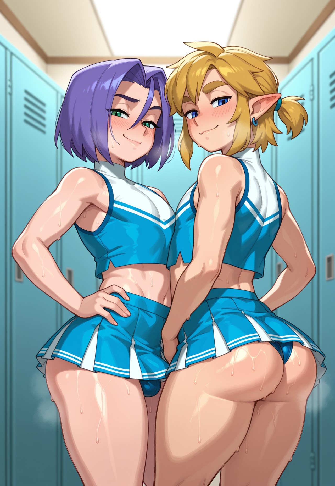 2025, 2boys, 2femboys, ai generated, alternate version available, ass, bangs, big ass, blonde hair, blue eyes, blush, bulge, cheerleader, cheerleader outfit, cheerleader uniform, crossdressing, dispatcher2, femboy, feminine male, girly, green eyes, hand on own waist, hand on waist, james (pokemon), link, locker, locker room, lockers, looking at viewer, male, midriff, pointy ears, pokemon, purple hair, skirt, smile, smiling, standing, steamy breath, sweat, sweatdrop, the legend of zelda, thick thighs, thighs, trap