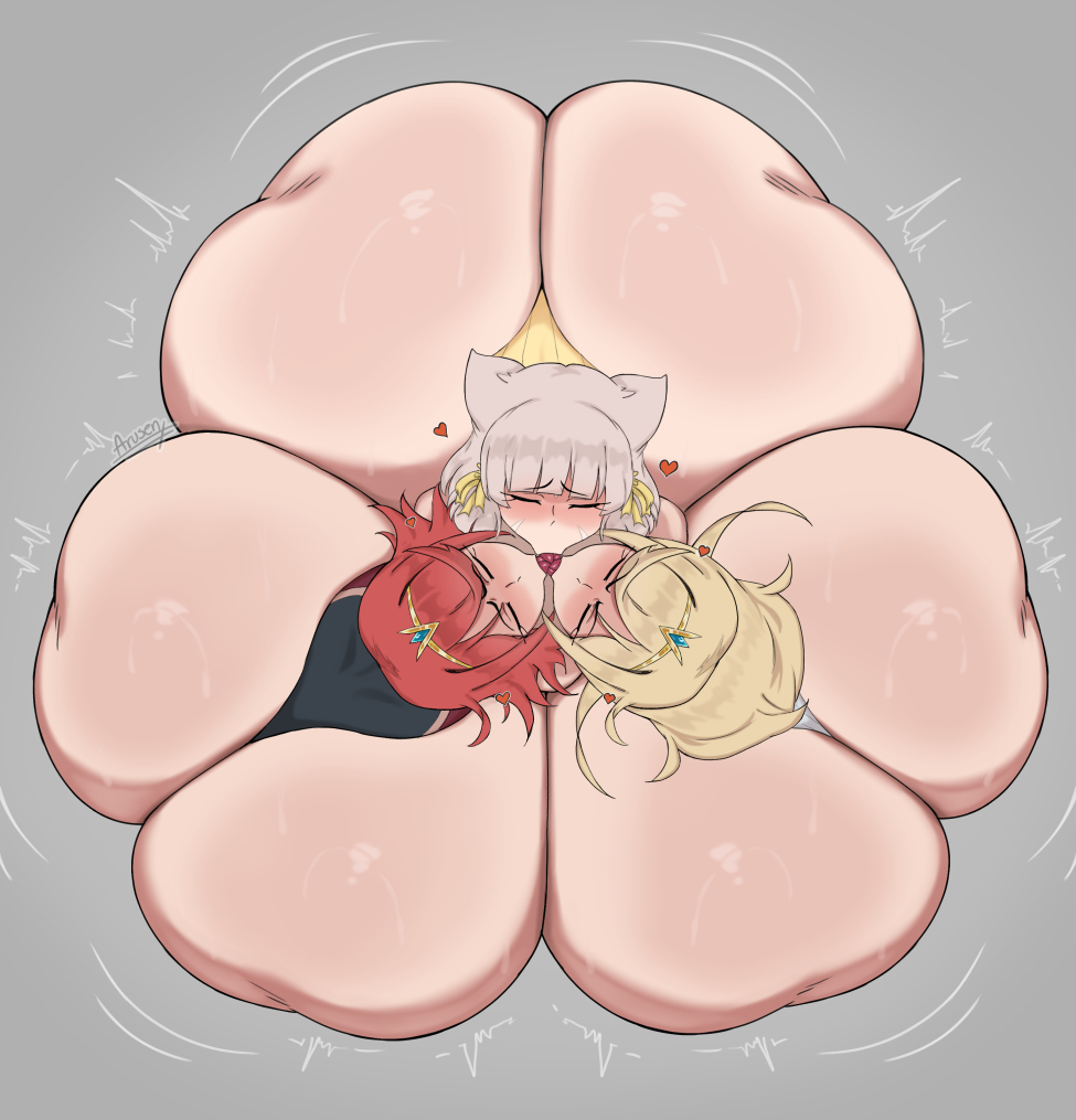 3girls, arusen, ass, ass bigger than head, ass bigger than torso, ass focus, ass to ass, big ass, big breasts, blonde hair, blush, breasts, bubble butt, cat ears, closed eyes, dumptruck ass, enormous ass, fat ass, female, female only, from above, gargantuan ass, gigantic ass, ginormous ass, gluteal fold, grey background, grey hair, group kissing, huge ass, humongous ass, hyper, hyper ass, long hair, massive ass, mature, mature body, mature figure, mature woman, milf, mommy, mythra, mythra (xenoblade), nia, nia (xenoblade), pyra, pyra (xenoblade), red hair, round ass, short hair, simple background, thick, thick ass, thick thighs, thighs, tongue kiss, voluptuous, voluptuous female, wide hips, xenoblade (series), xenoblade chronicles 2, yuri