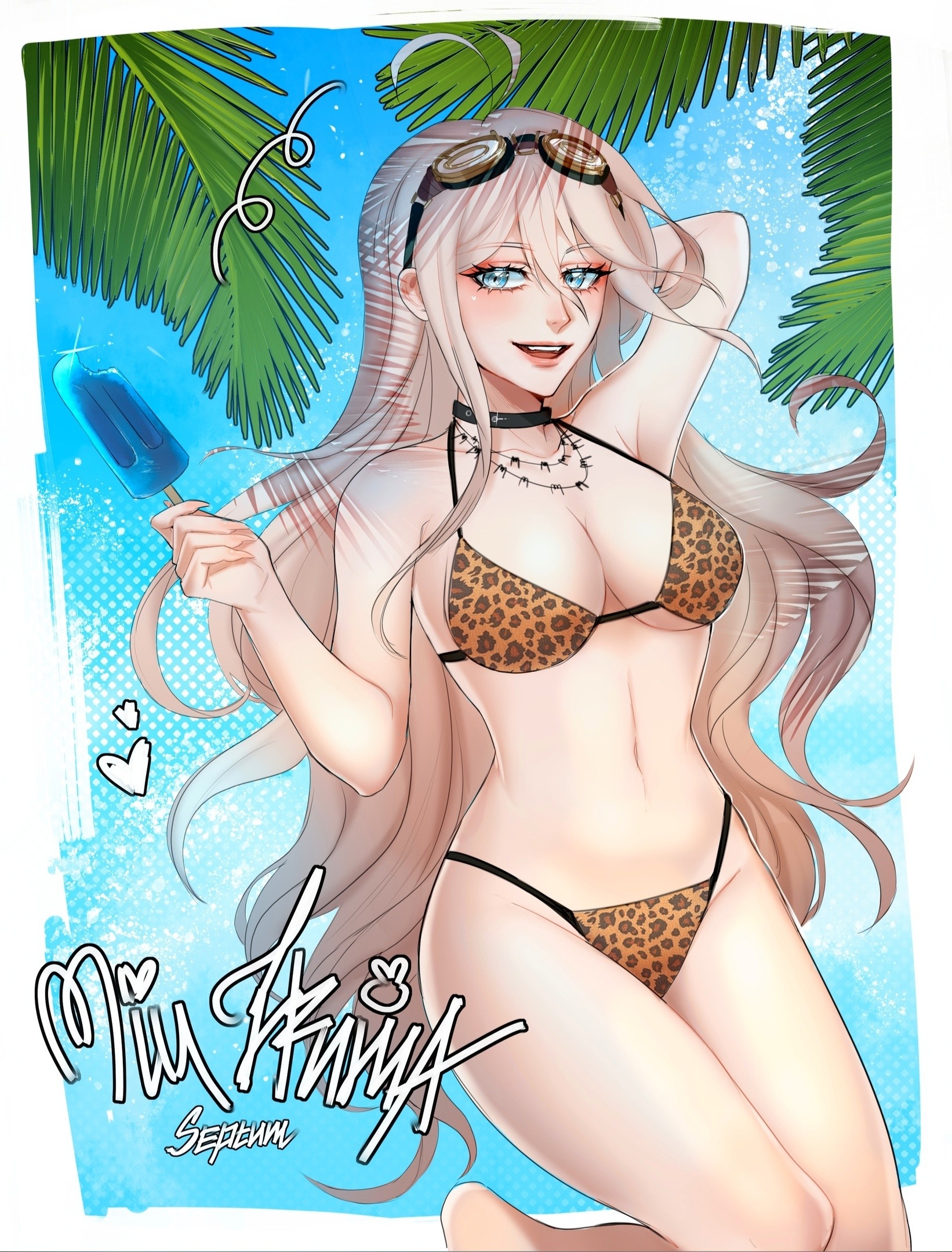 1girls, ahoge, arm behind head, bangs, big breasts, bikini, blonde female, blonde hair, blue background, bottom, breasts, character name, choker, danganronpa, danganronpa s: ultimate summer camp, danganronpa v3, female, goggles, heart, human, iruma miu, leaves, leopard print, leopard print bikini, light-skinned female, long hair, necklace, open mouth, popsicle, septumsaber, simple background, slim waist, swimsuit, tagme, thighs, upper teeth