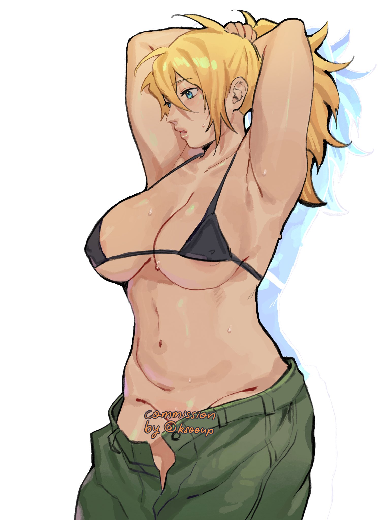 areolae peeking, arms behind head, arms up, baggy pants, bikini, bikini top, black bikini, blonde female, blonde hair, bottomless, breasts, commission, dorohedoro, female, ksooupart, large breasts, nikaidou (dorohedoro), no panties, no underwear, pants falling down, putting hair back, solo, solo female, sweat, sweatdrop, sweating, sweaty, tying hair