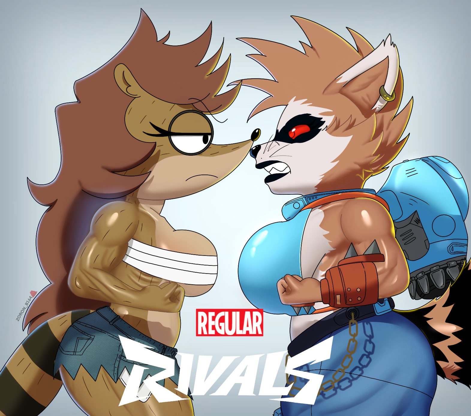 2d, 2girls, akiman pose, alien, alternate version at source, angry, animal ears, anthro, bandage, bandage bra, bare shoulders, belt chain, black lips, black nose, blue topwear, breasts, brown fur, brown hair, cartoon network, chains, cream fur, crossover, daisy dukes, digital media (artwork), ear piercing, eyelashes, eyes half closed, face to face, facial markings, female, female focus, female only, fighting pose, furry, furry only, genderswap (mtf), highres, jean shorts, jetpack, large breasts, long hair, looking at another, marvel, marvel comics, marvel rivals, mohawk, mullet, muscles, muscular, muscular anthro, muscular female, pants, procyonid, raccoon, raccoon ears, raccoon tail, red eyes, red sclera, regular show, rigbette (benson dancing), rigby (regular show), rocket raccoon, rocket raccoon (marvel rivals), rule 63, same pose, short shorts, shortstack, side view, sideboob, snout, spiked armband, staredown, tail, tail markings, thighs, whiskers, zoron b164