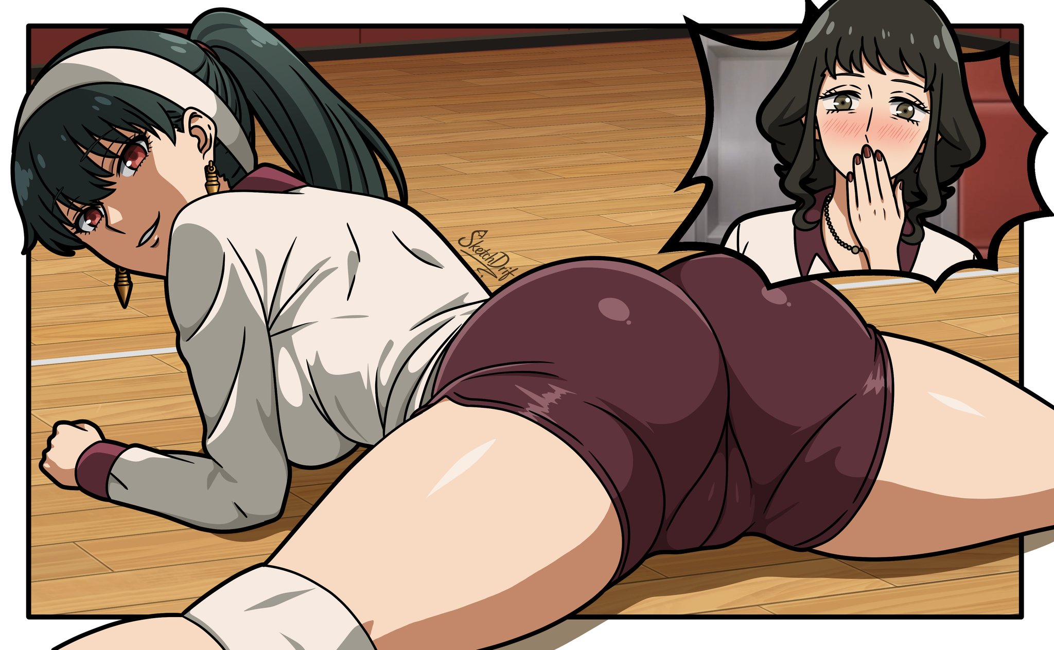 2girls, age difference, alluring, alternate costume, ass, big ass, big breasts, black hair, blush, breasts, cameltoe, curvy, dat ass, earrings, fat ass, female, fit, fit female, from behind, heavy ass, hips, light skin, light-skinned female, mature female, melinda desmond, milf, official alternate costume, plump ass, ponytail, pussy, pussy visible through clothes, seductive, sketchdrif, spy x family, thick, thick ass, thick thighs, thighs, volleyball, volleyball shorts, volleyball uniform, wealthy, wealthy female, yor briar, yor forger, yuri