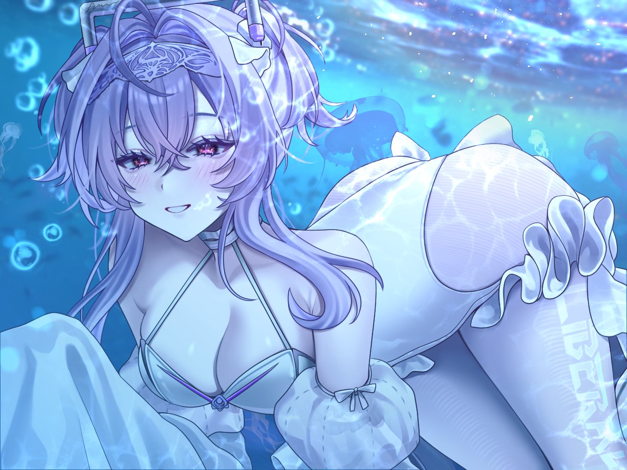 air bubble, breasts, bubble, cleavage, detached sleeves, female, frills, goddess of victory: nikke, huazhimaru0, leotard, liberalio (nikke), looking at viewer, pantyhose, purple hair, red eyes, sleeves past wrists, solo, submerged, underwater, white leotard, white pantyhose