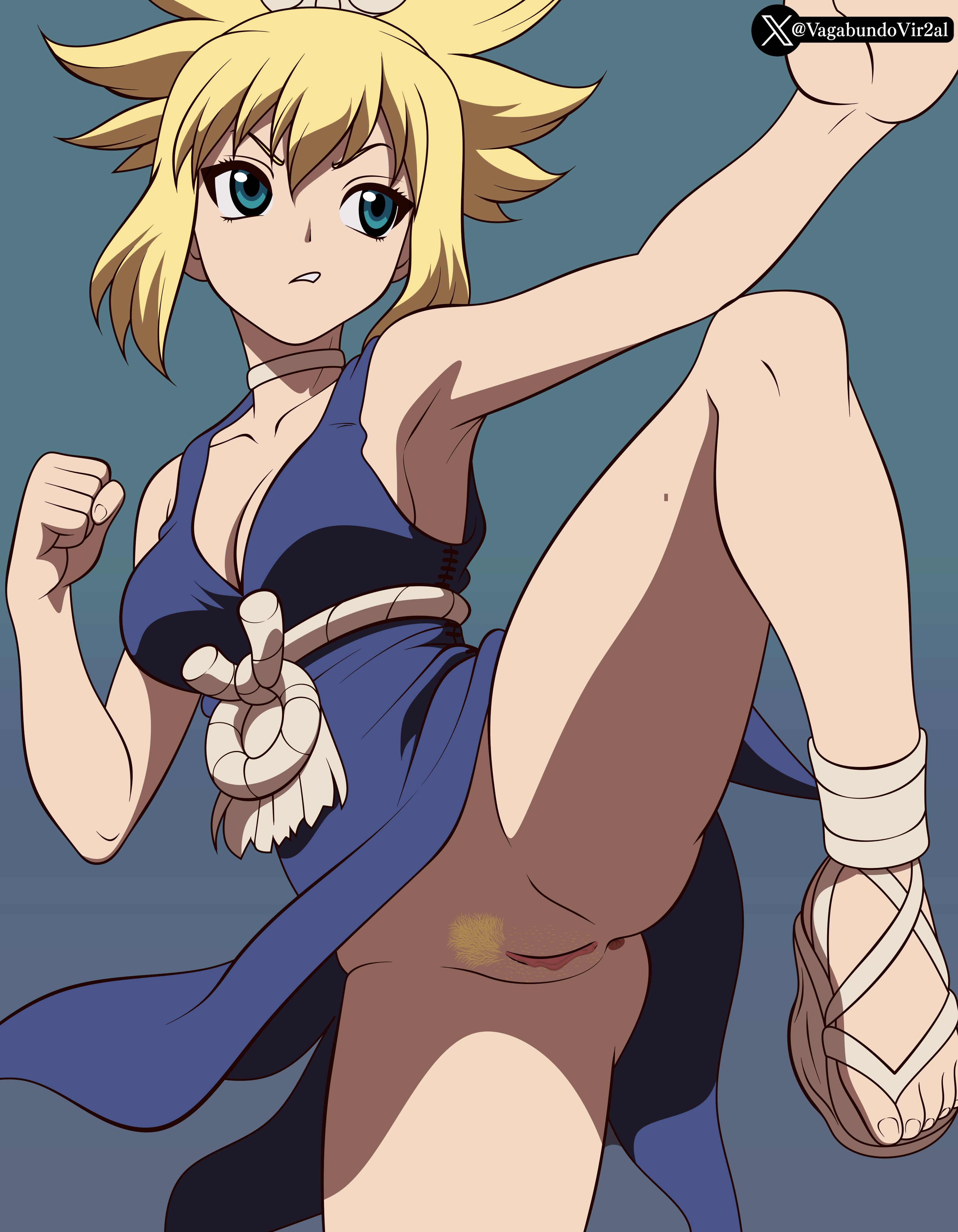 anus, artist name, blonde female, blonde hair, dr.stone, female pubic hair, fighting stance, kohaku (dr.stone), one leg up, pussy, simple background, solo female, spread legs, vagabundovir2al (art), vagina