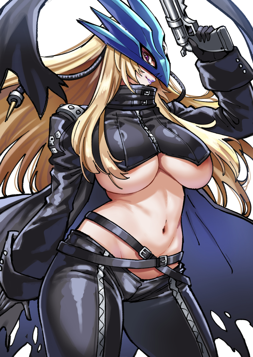 beelstarmon, belly, belt, big breasts, black coat, black gloves, black pants, blonde hair, breasts, digimon, female, female only, gun, mask, navel, red eyes, smile, third eye, underboob, zipper