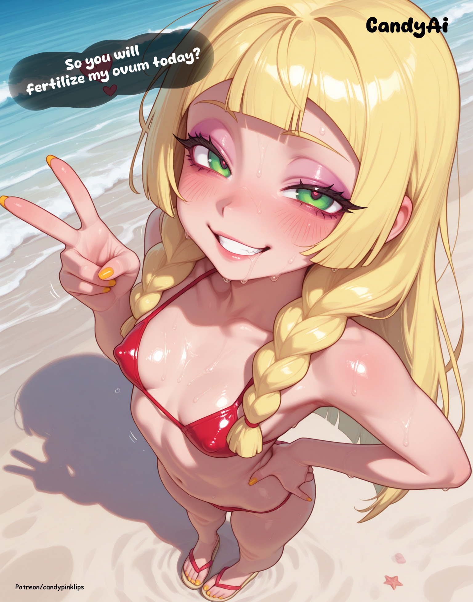 1girls, ai generated, beach, blonde hair, blunt bangs, candypinklips, coast, erect nipples under clothes, female, flip flops, green eyes, grin, hand up, lillie (pokemon), long hair, pokemon, pokemon sm, sandals, smile, standing, v sign, watermark, younger female