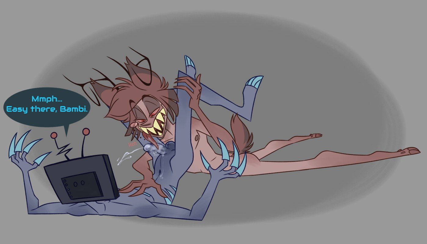 2boys, alastor (hazbin hotel), animal ears, animal tail, antlers, ass, aurumolai, back view, balls, blue body, blue nipples, blue skin, butt, claws, cum, english, english text, gay, gills, grey background, hazbin hotel, hooves, licking penis, long tongue, looking at another, looking at partner, lying, lying on stomach, monocle, naked, nipples, nude, penis, pinned, pinned down, red eyes, red hair, sharp claws, sharp teeth, simple background, square nipples, tail, text bubble, tongue, tongue out, tv head, vox (hazbin hotel), yaoi