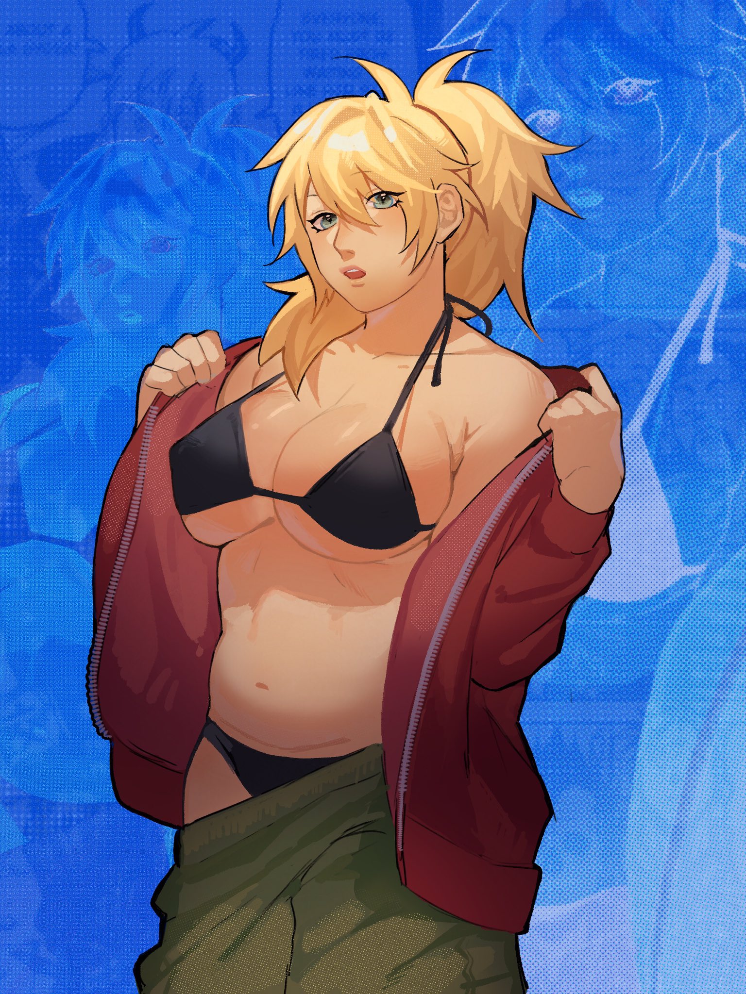 baggy clothing, baggy pants, belly, bikini, bikini bottom, bikini top, black bikini, black swan (honkai: star rail) (cosplay), blonde female, blonde hair, breasts, dorohedoro, female, hidden curves, jacket, jacket partially removed, ksooupart, large breasts, looking at viewer, navel, nikaidou (dorohedoro), nipple bulge, removing clothing, sleeper build, solo, solo female, taking clothes off