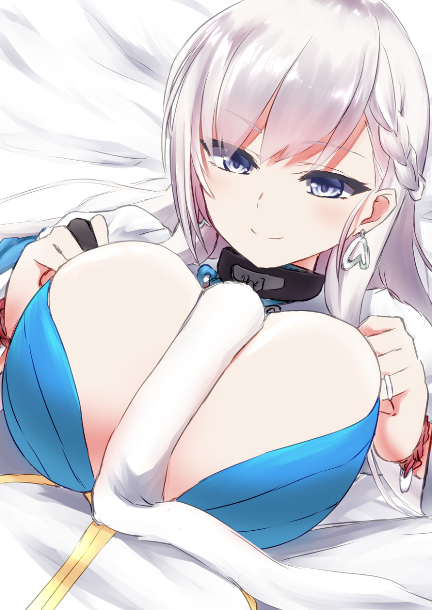 1boy azur_lane bangs bed belfast_(azur_lane) blue_dress blue_eyes breasts censored chains choker clothed_paizuri collar collarbone dress earrings female highres huge_breasts jewelry laying_down long_hair paizuri penis pov shirazawa silver_earrings silver_hair silver_ring smile solo_focus straight swept_bangs translated tray white_hair